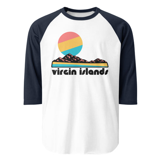 A three quarter sleeve navy and white retro raglan style shirt that says "Virgin Islands", referencing the Virgin Islands National Park on St. John Island, including the image of a sand beach next to the water, rocks, and a sun setting. 