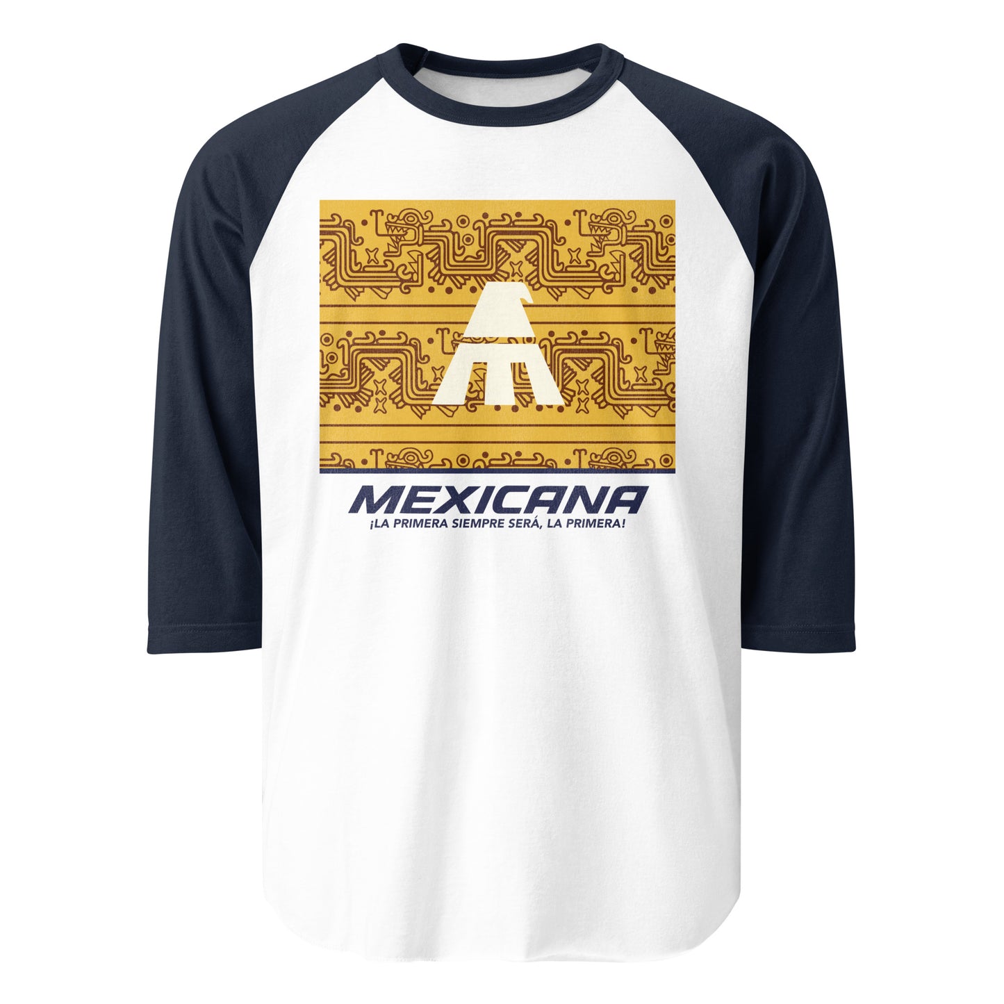 A vintage 3/4 sleeve navy and white raglan style shirt with the golden eagle logo of the airline Mexicana de Aviación, which ran from 1921-2010, on a yellow background with brown animalistic lines. Shirt says "Mexicana ¡La primera siempre será, la primera!"