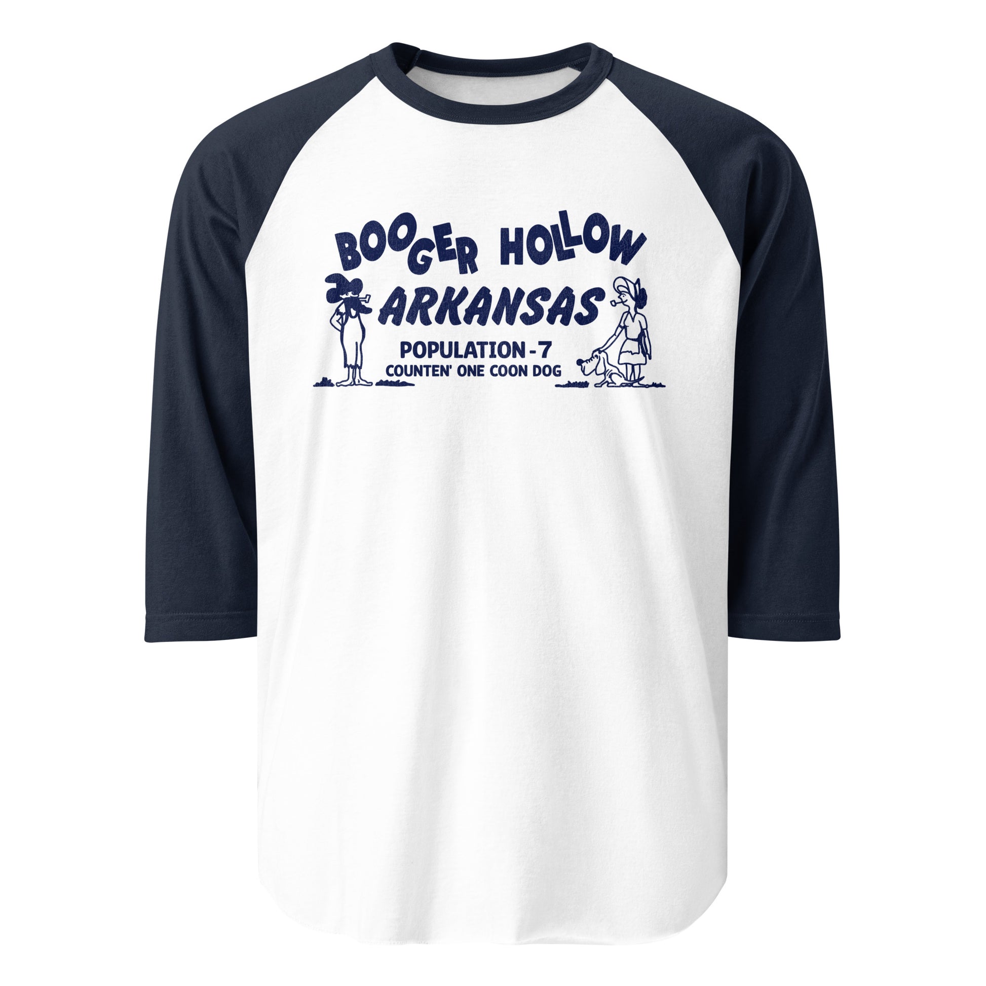 A three quarter sleeve raglan navy and white travel shirt that says Booger Hollow Arkansas and Population - 7 Counten' One Coon Dog. Images of a wild west man smoking a pipe and a woman smoking with a dog. 