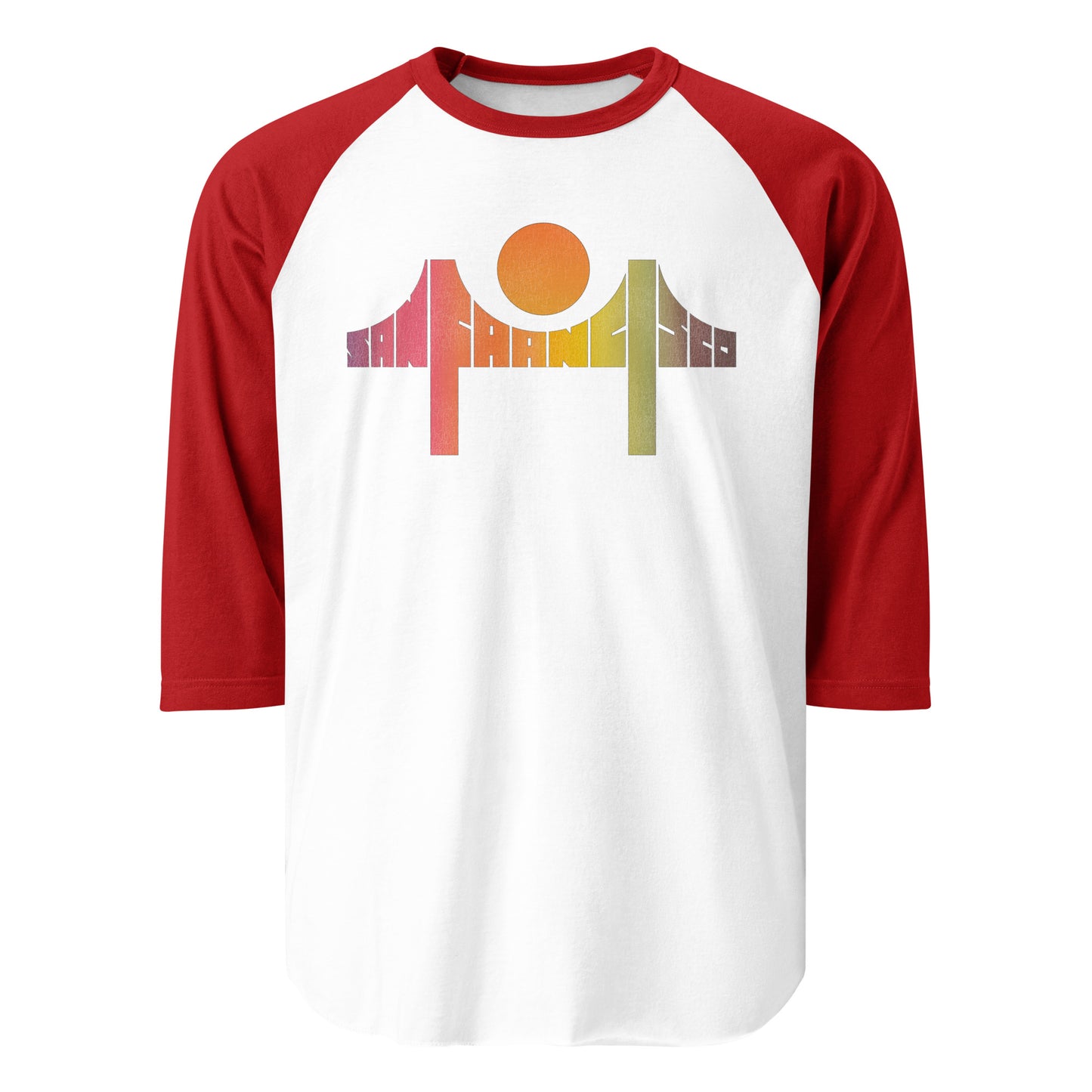 A white and red 3/4 sleeve raglan style t-shirt for tourists. Says San Francisco in colorful letters, shaped like the Golden Gate Bridge, with an orange circular sun. 