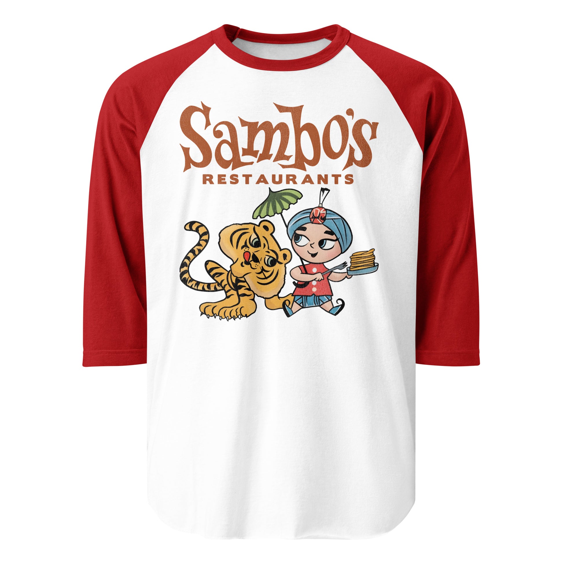 A three quarter sleeve retro raglan red and white shirt that reads "Sambo's Restaurants" with the image of a young tiger tamer boy and a tiger eating a plate of pancakes. 