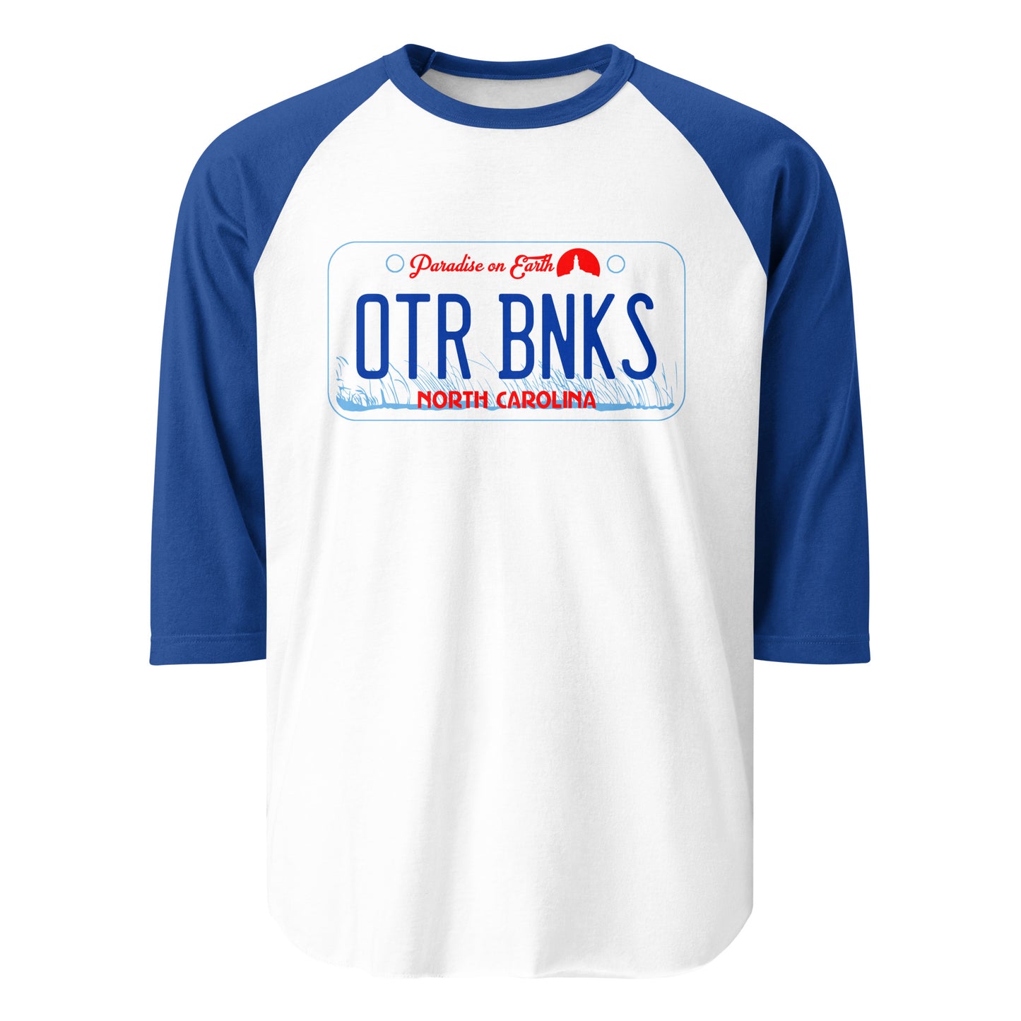 A royal blue and white 3/4 sleeve raglan retro style t-shirt with a license plate that reads OTR BNKS, North Carolina, Paradise on Earth. Image of blue American beachgrass and a small red lighthouse icon. References Netflix mystery and drama TV series "Outer Banks, starring Chase Stokes, Madelyn Cline, Rudy Pankow, Madison Bailey, Jonathan Daviss, and Drew Starkey. 