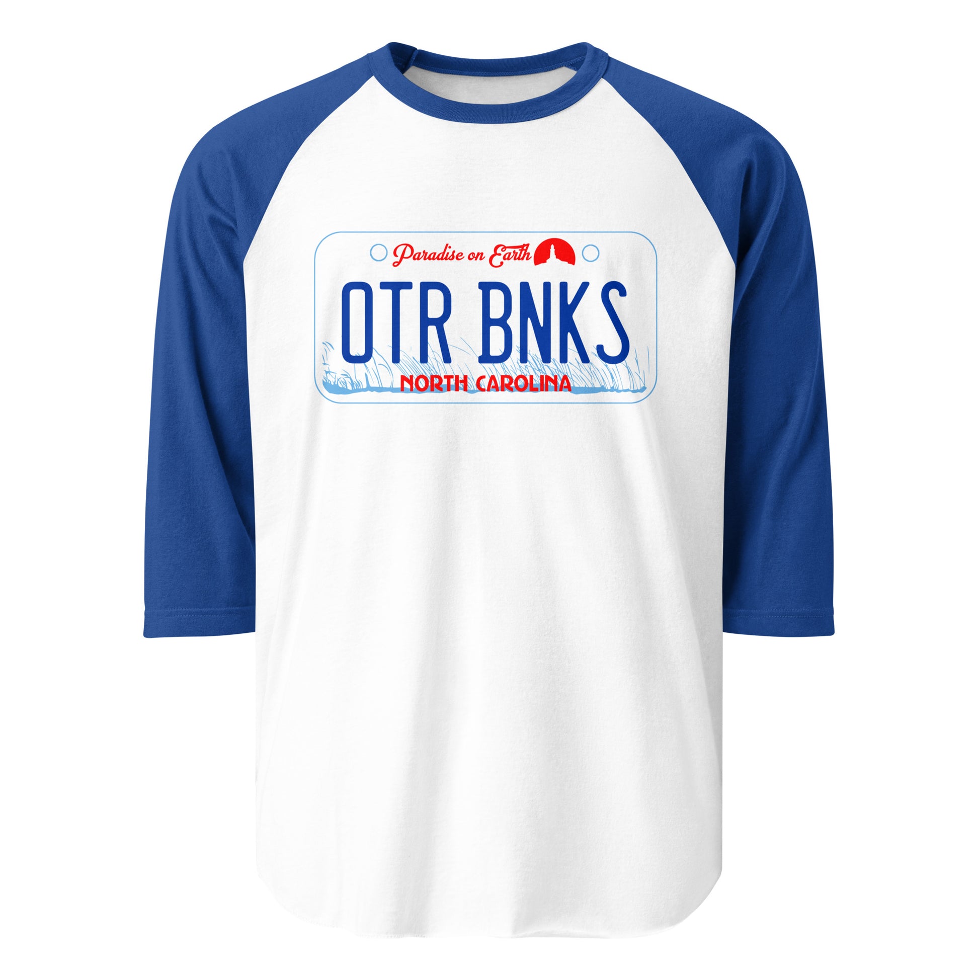 A royal blue and white 3/4 sleeve raglan retro style t-shirt with a license plate that reads OTR BNKS, North Carolina, Paradise on Earth. Image of blue American beachgrass and a small red lighthouse icon. References Netflix mystery and drama TV series "Outer Banks, starring Chase Stokes, Madelyn Cline, Rudy Pankow, Madison Bailey, Jonathan Daviss, and Drew Starkey. 