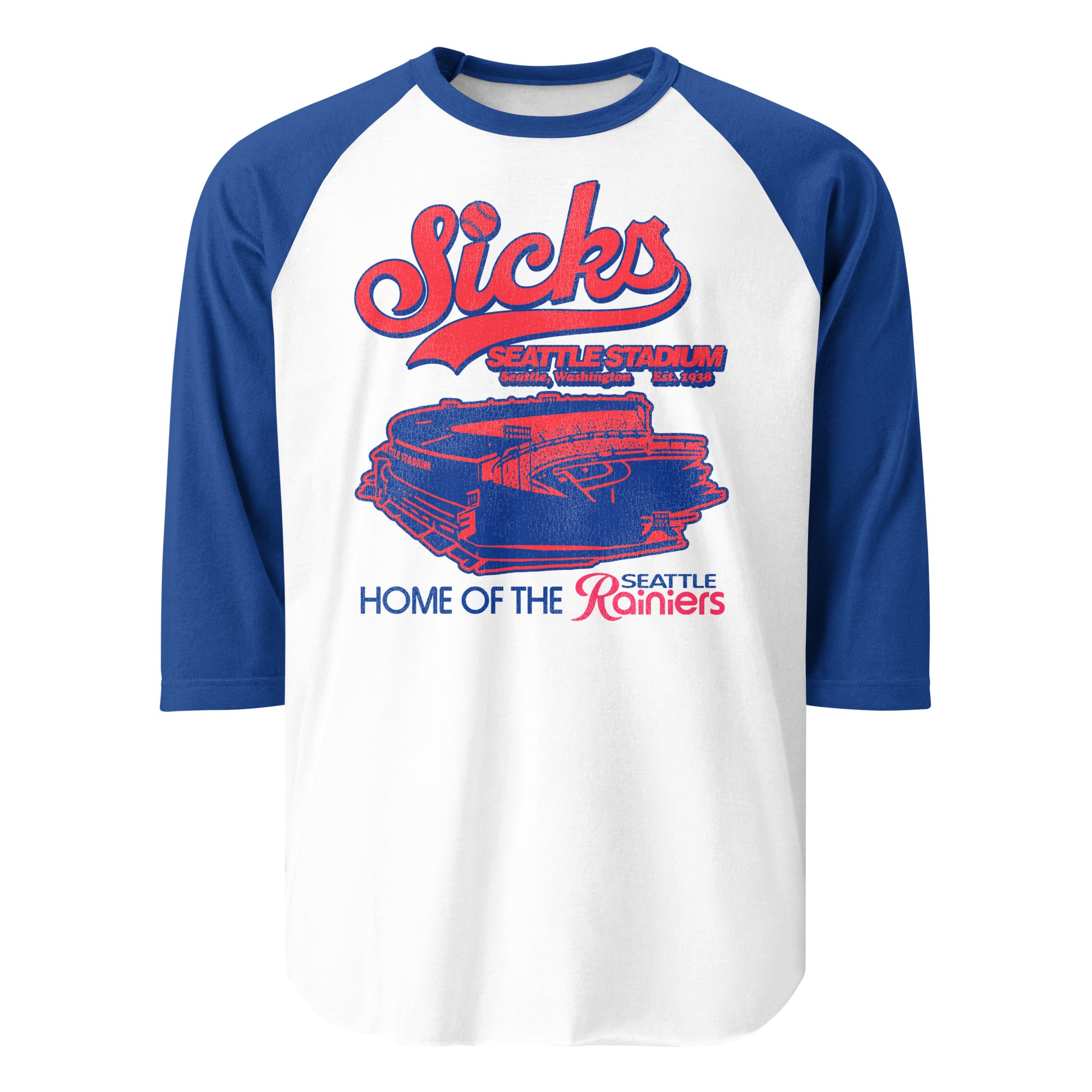 A royal blue and white 70s raglan style three quarter sleeve shirt that says Sicks Seattle Stadium, the baseball diamond in "Seattle, Washington" which was "Est. 1938" as the "Home of the Seattle Rainiers" baseball team. Image of the stadium where the Pacific Coast League team played in red and blue. 