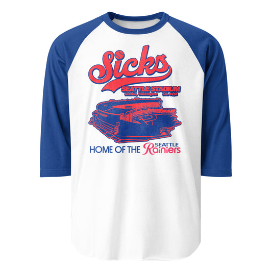 A royal blue and white 70s raglan style three quarter sleeve shirt that says Sicks Seattle Stadium, the baseball diamond in "Seattle, Washington" which was "Est. 1938" as the "Home of the Seattle Rainiers" baseball team. Image of the stadium where the Pacific Coast League team played in red and blue. 