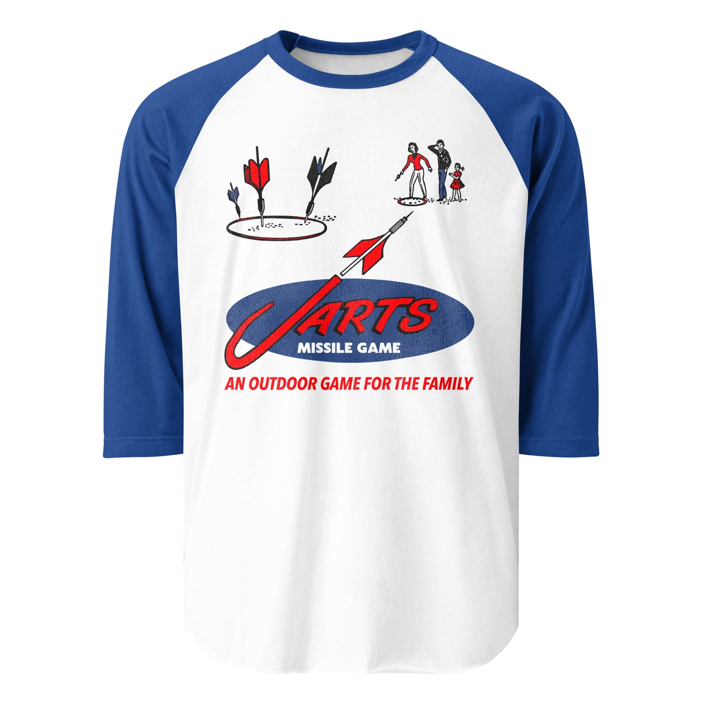 A blue and white retro raglan style three quarter sleeve shirt for banned J Arts Missile Game, An outdoor game for the family. Image of a suburban family playing the missile game. 
