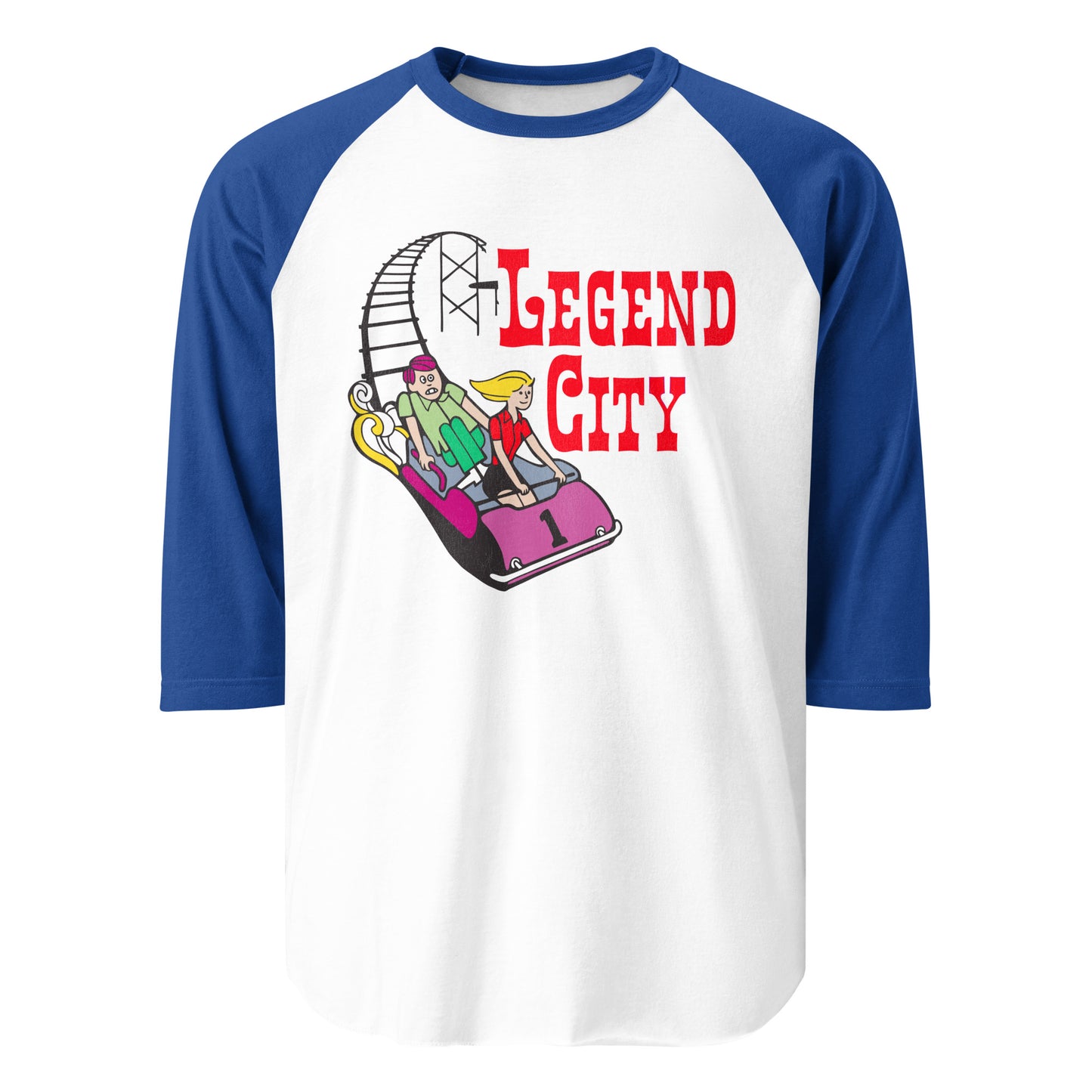 A 70s style retro blue and white raglan three quarter sleeve shirt with the words Legend City and a terrified boy in green and excited girl in pink riding a rollercoaster on black tracks. The coaster car is labeled with a #1. Refers to the theme park on the border of Tempe and Pheonix that was open for 20 years, from 1963-1983. 