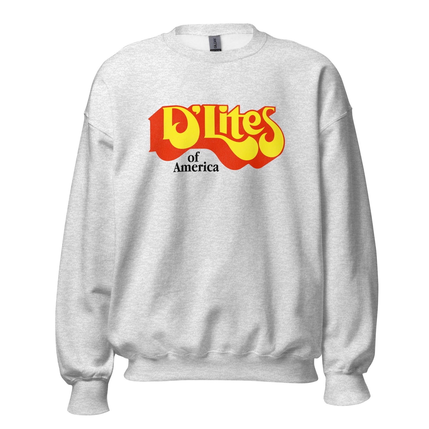 A 60s style unisex crew neck sweatshirt in ash that has the text "D'Lites of America". 
