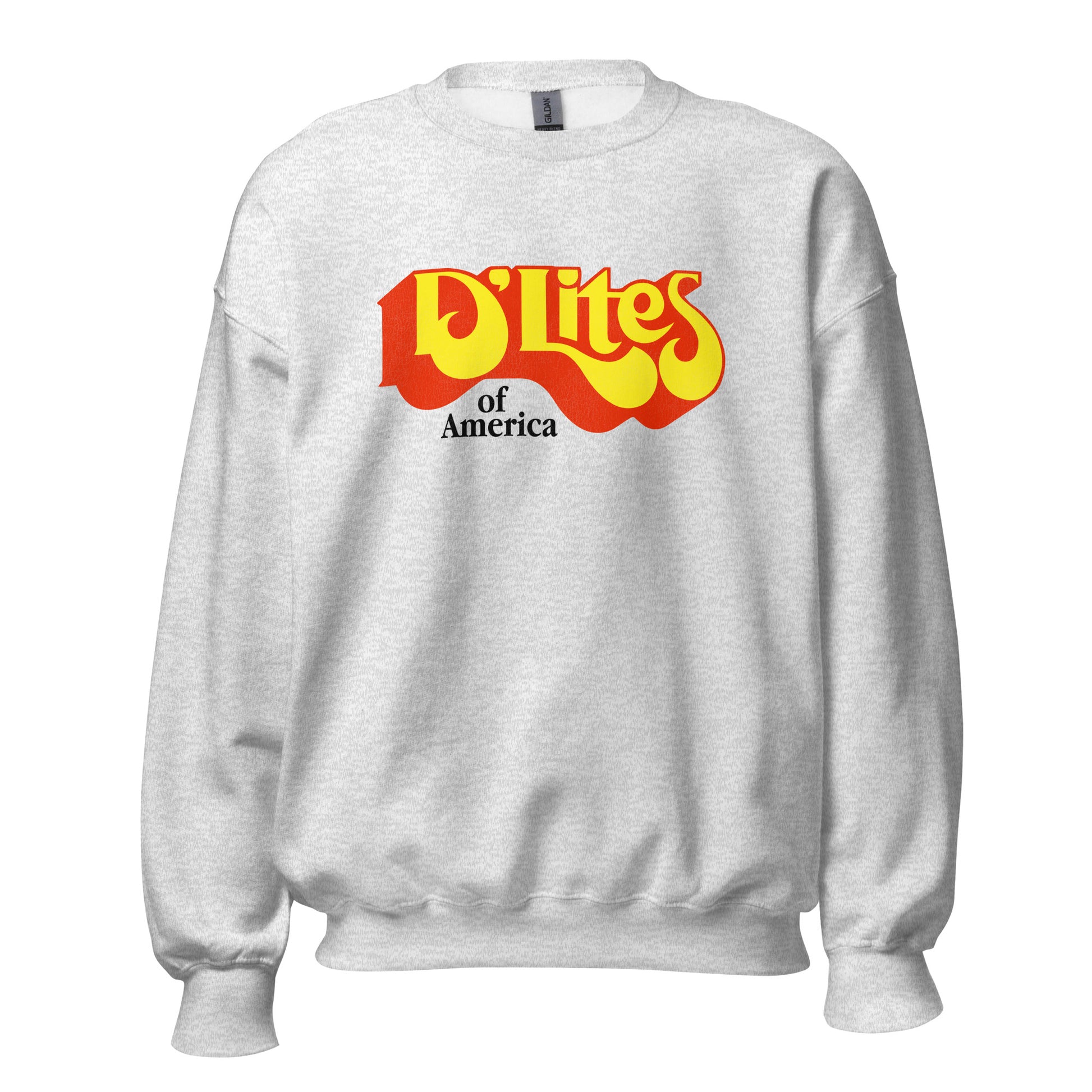 A 60s style unisex crew neck sweatshirt in ash that has the text "D'Lites of America". 