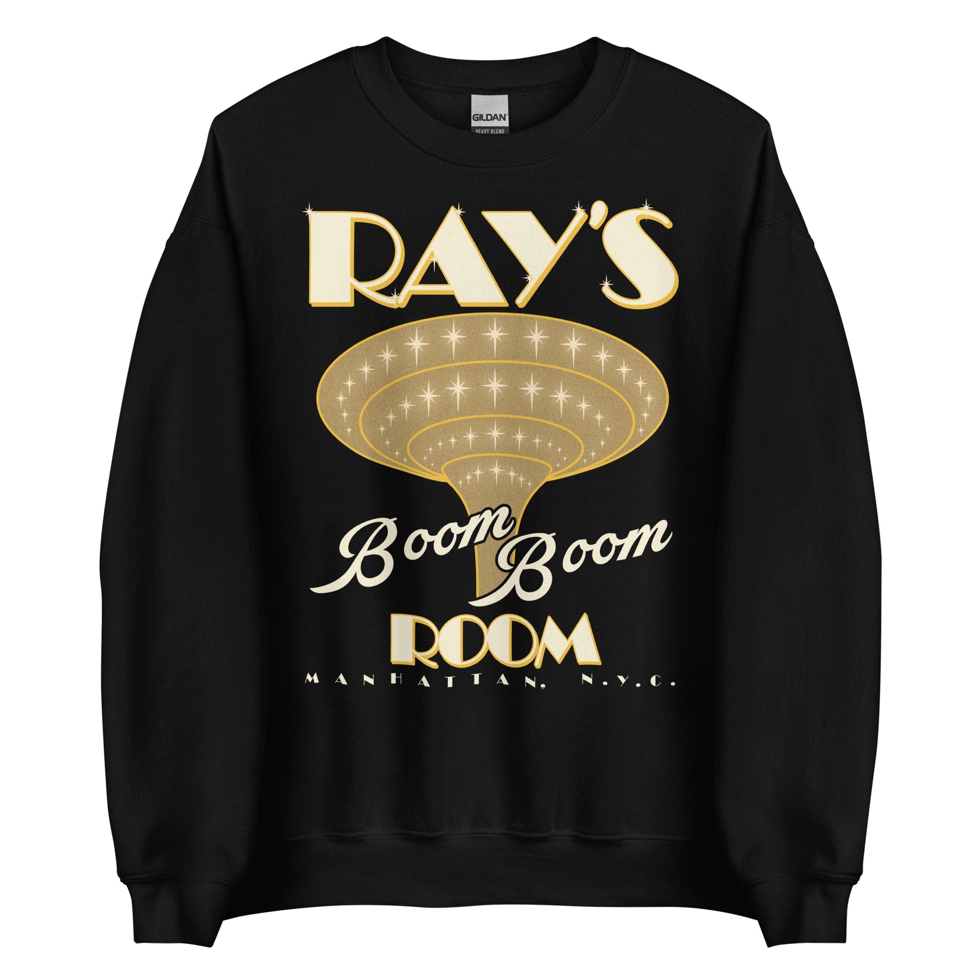 A black crew neck sweatshirt with text 'Ray's Boom Boom Room' and 'Manhattan, NYC' in gold and a funnel with stars and spirals. From the 90s movie Life, referencing the movie Harlem Nights, spoken by Eddie Murphy playing Rayford Gibson. 