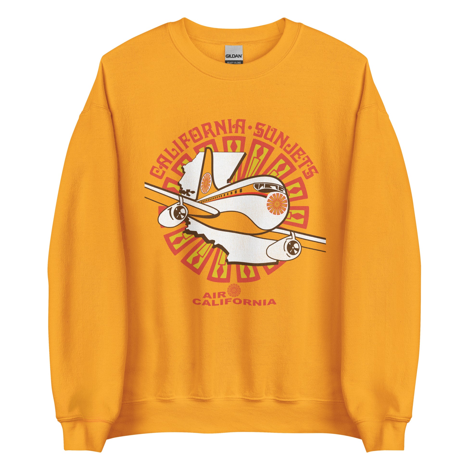 A retro 80s style orange gold crew neck sweatshirt that says "California Sunjets" with an airplane with the flower, circular, spiky orange and yellow Cal Air logo flying over the state of California and on top of the airline's logo. Says "Air California." 