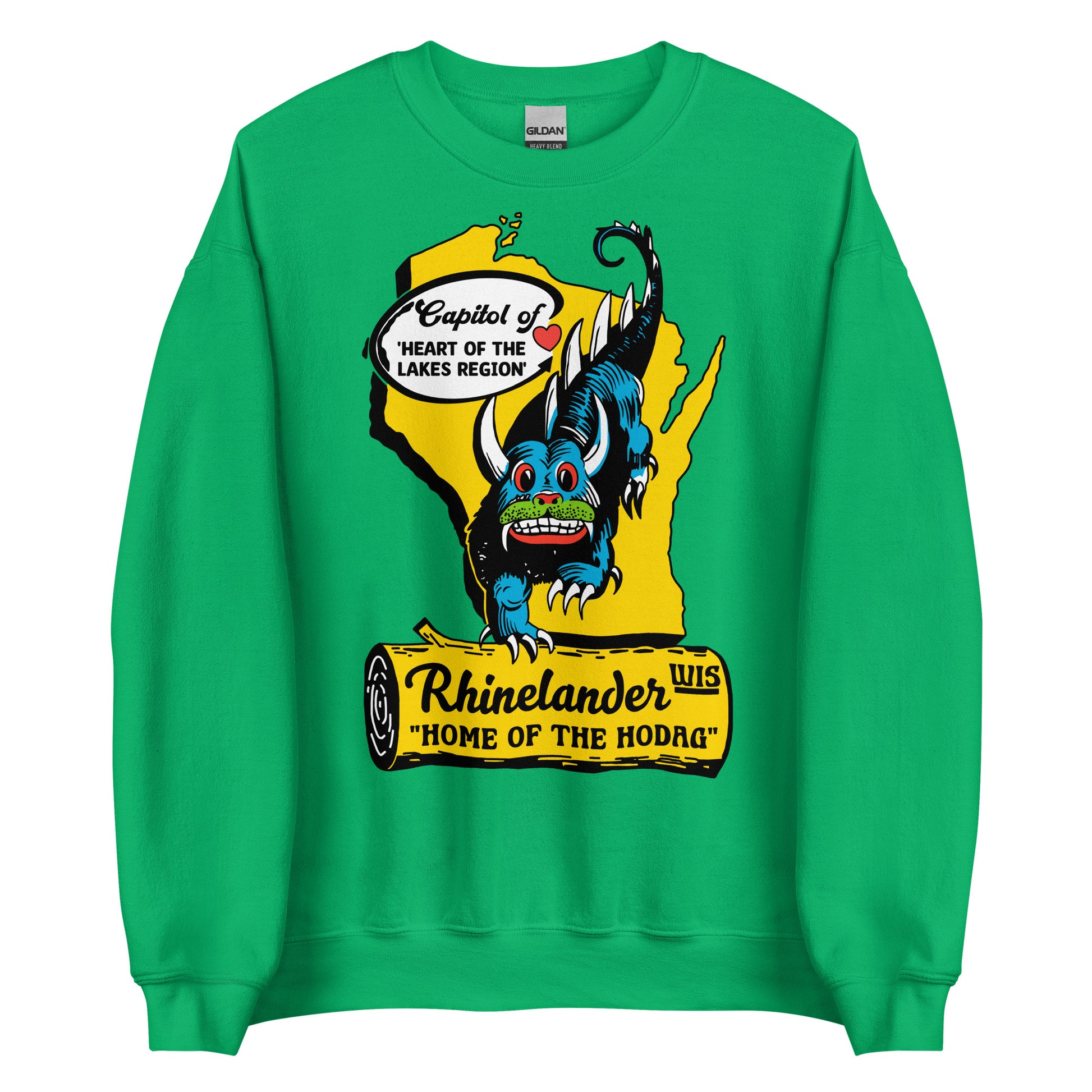 A touristy retro irish green crew neck sweatshirt from Rhinelander, Wisconsin. Has a yellow map of Wisconsin that points to a red heart where Rhinelander is located in the North Woods. Text reads "Heart of the Lakes Region" and "Capitol of" WI. Image of a campfire log that says "Rhinelander, Wis" and "home of the Hodag". Image of legendary hodag creature, Rhinelander's mascot. 