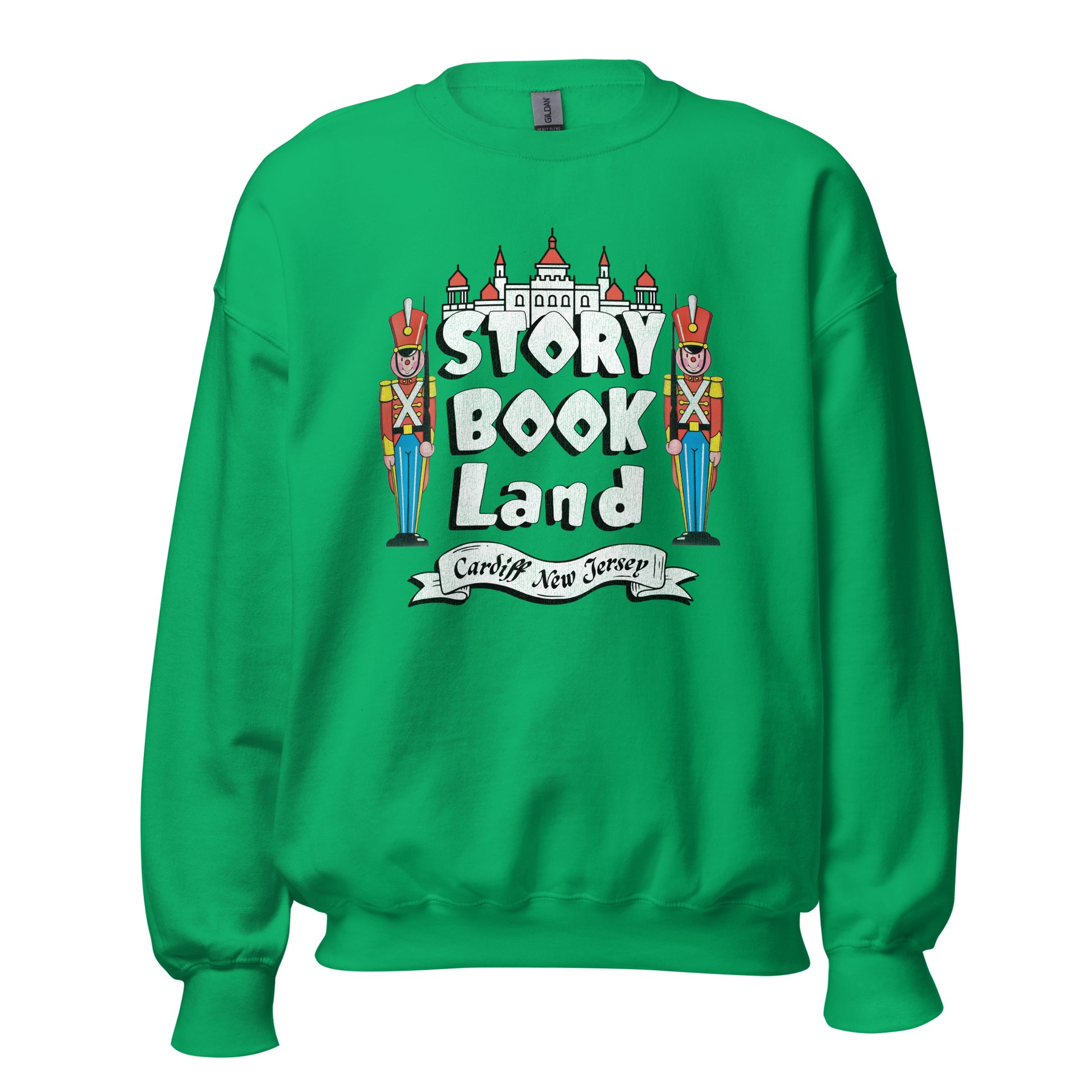 A vintage travel green Story Book Land crew neck sweatshirt with the words Cardiff New Jersey and images of a castle and toy soldiers. About the vintage 1950s Egg Harbor Township family theme park. 