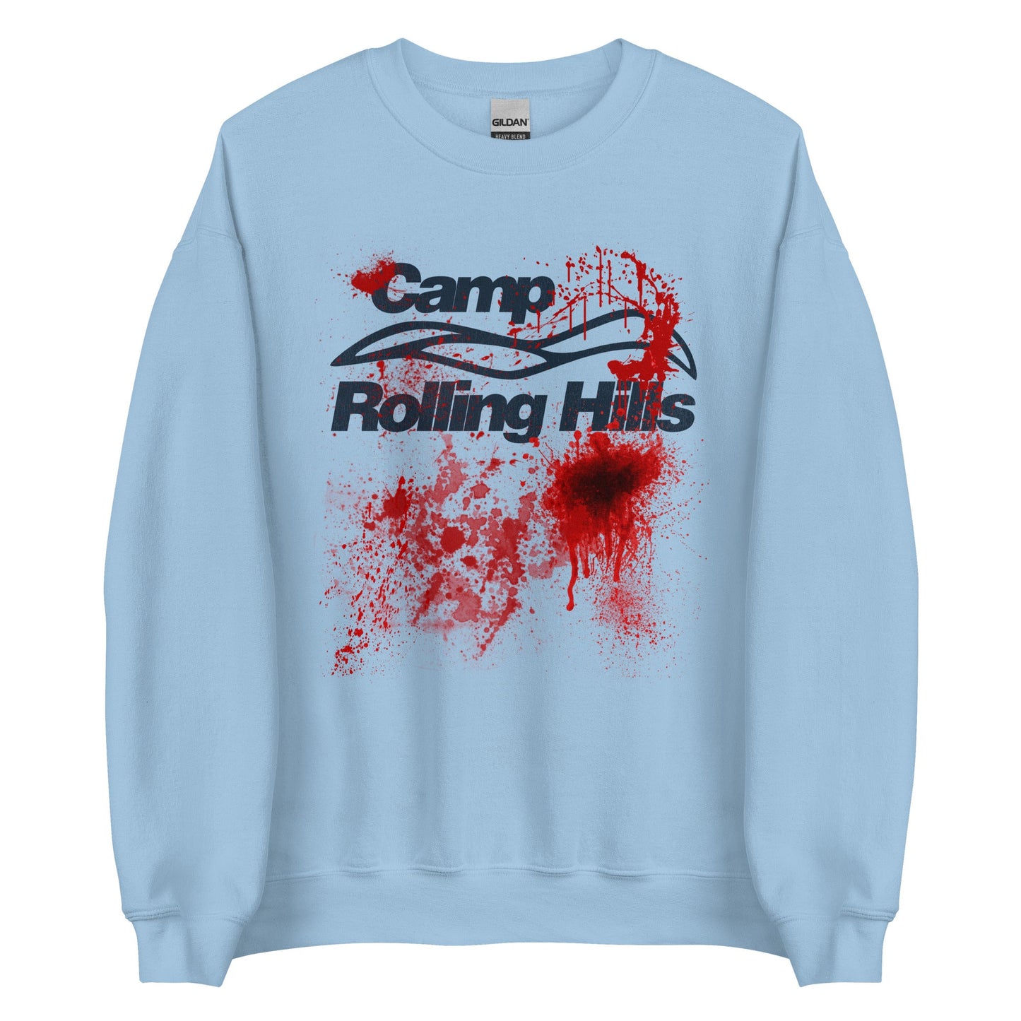 A vintage light blue crew neck retro sweatshirt htat says "Camp Rolling Hills", stained in blood. References the horror movie 'Sleepaway Camp II: Unhappy Campers' and character Angela Baker. 