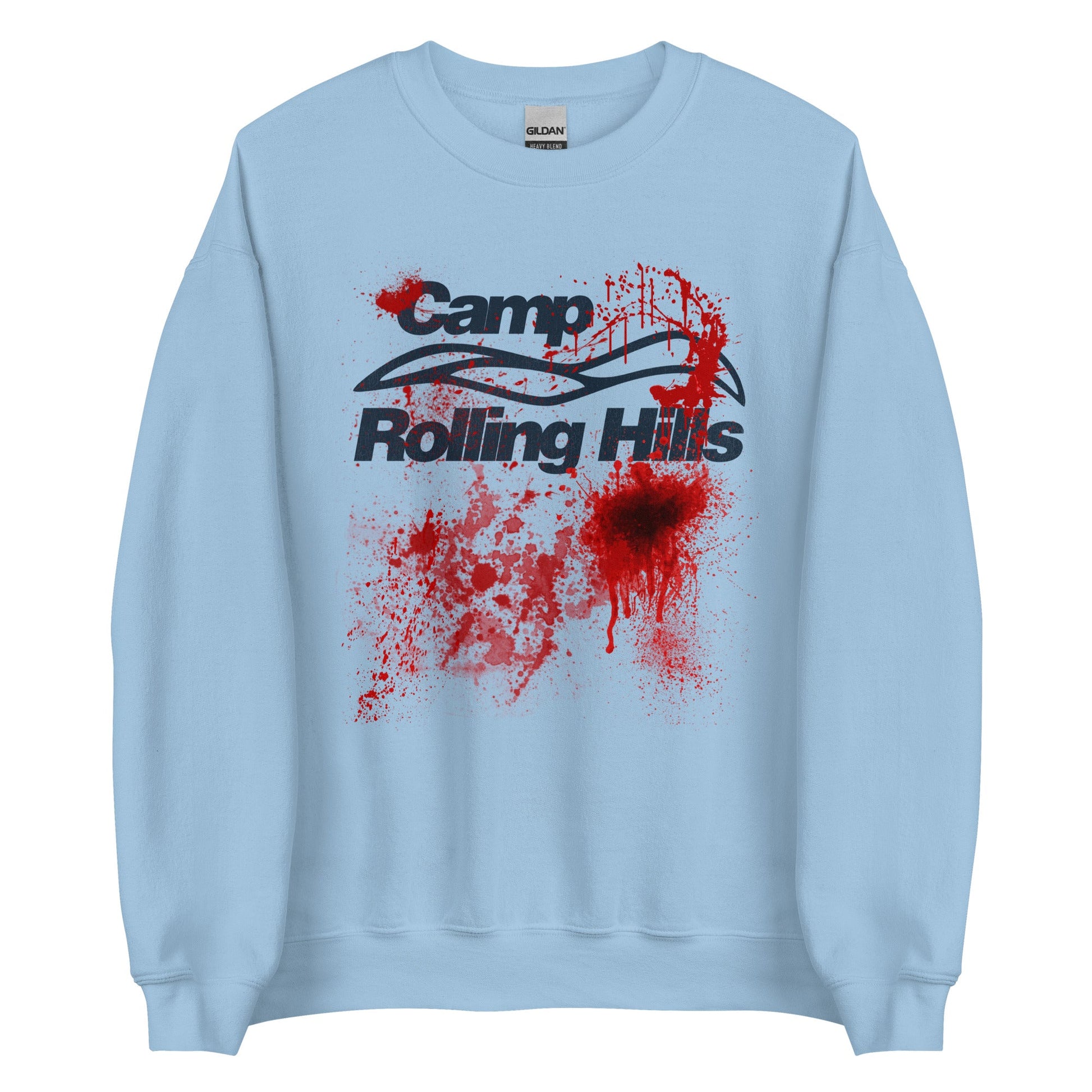 A vintage light blue crew neck retro sweatshirt htat says "Camp Rolling Hills", stained in blood. References the horror movie 'Sleepaway Camp II: Unhappy Campers' and character Angela Baker. 