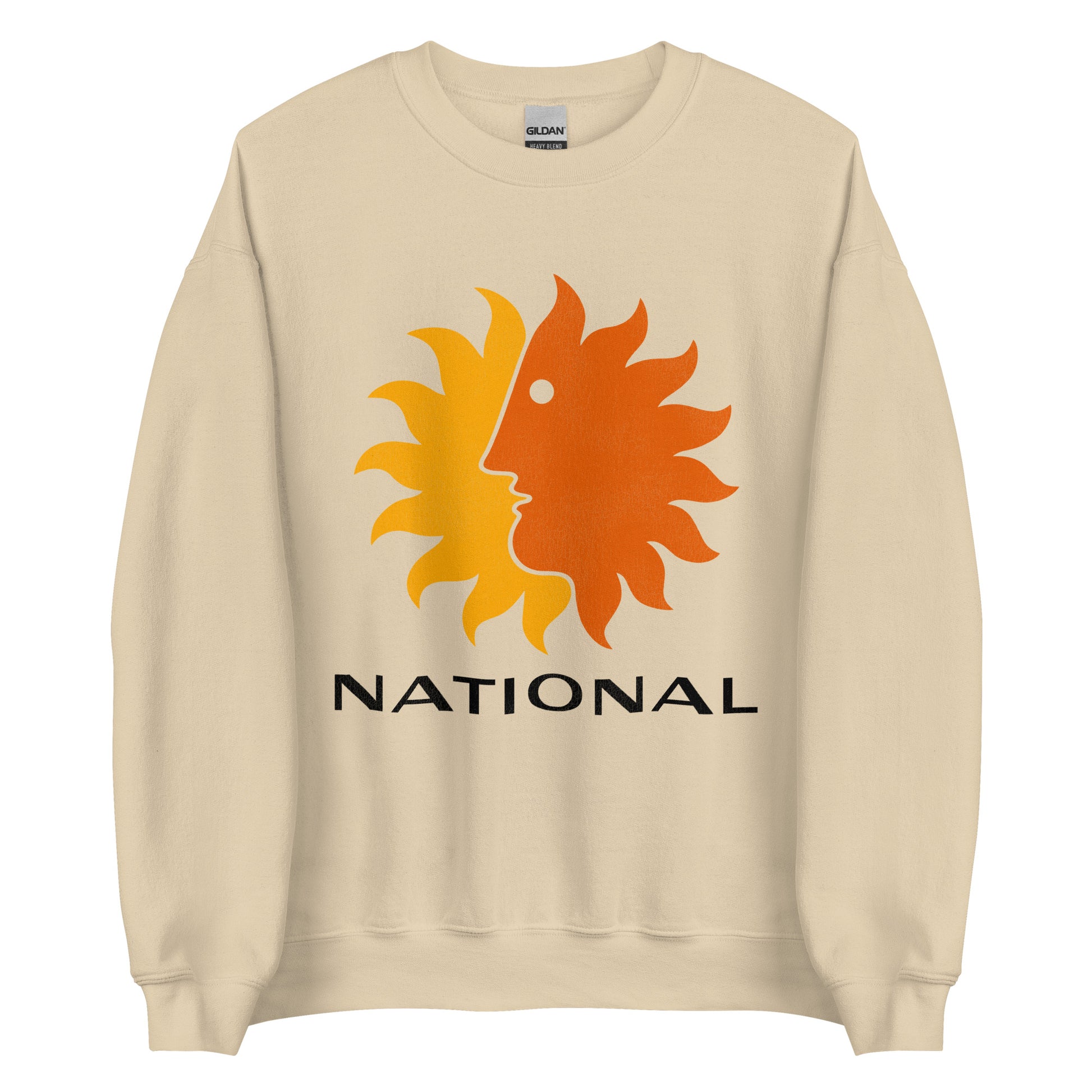 A tourist vintage sand colored crew neck sweatshirt that has a yellow and orange sunburst including the image of a face and the word "National", in reference to the now defunct National Airlines. 