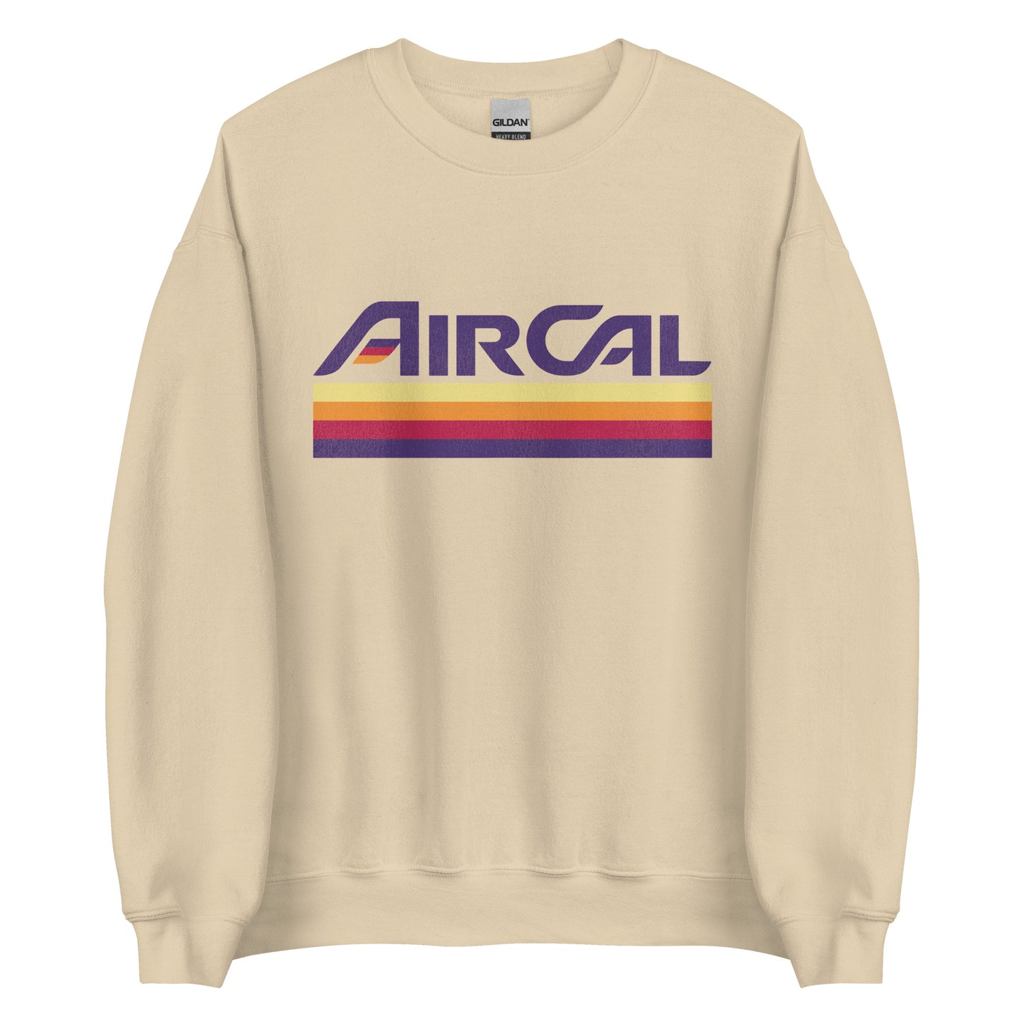 A retro style sand colored crew neck sweatshirt that says "AirCal" in bold purple letters with colorful stripes in the A. Has four stripes of yellow, orange, red, and purple, the airline's logo. Originally known as Air California. 