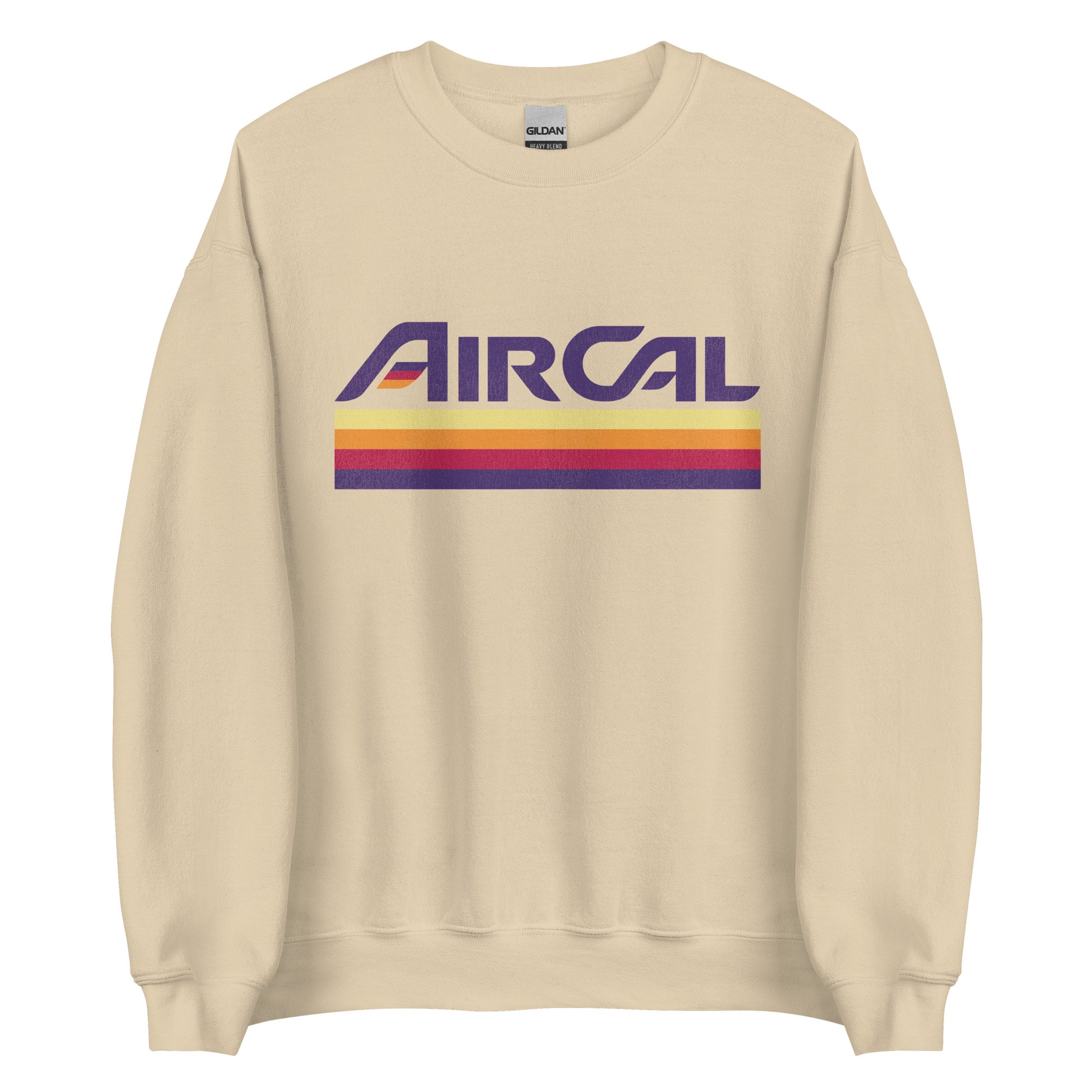 A retro style sand colored crew neck sweatshirt that says "AirCal" in bold purple letters with colorful stripes in the A. Has four stripes of yellow, orange, red, and purple, the airline's logo. Originally known as Air California. 