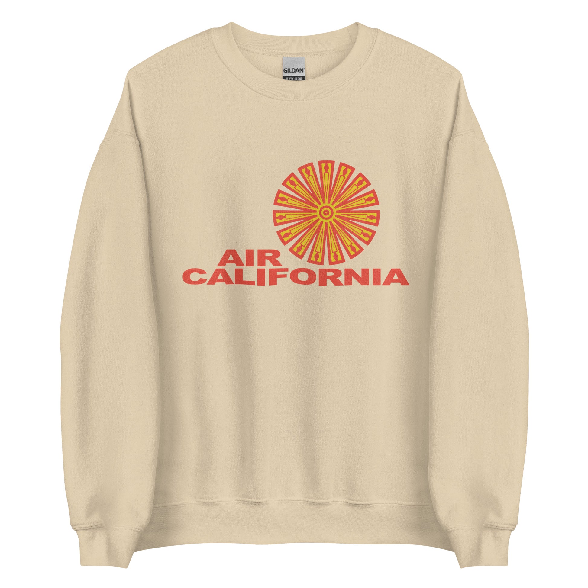 An 80s style tourist crew neck sand colored sweatshirt for the now closed airline Air California, later called AirCal, with a circular orange and yellow shape, the company's logo in the 1960s. 