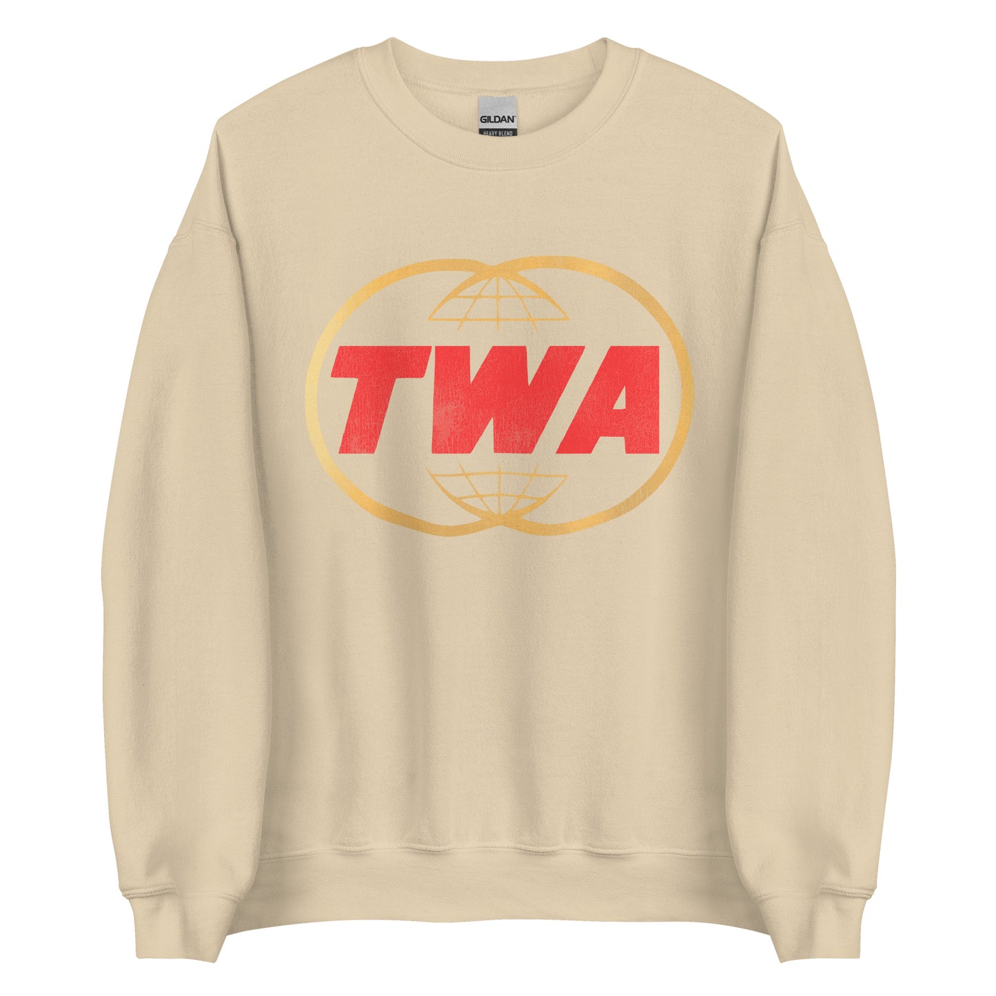 A travel 70s style sand colored crew neck sweatshirt with the TWA, or Trans World Airlines, logo, with red letters and two overlapping globes in gold color. 