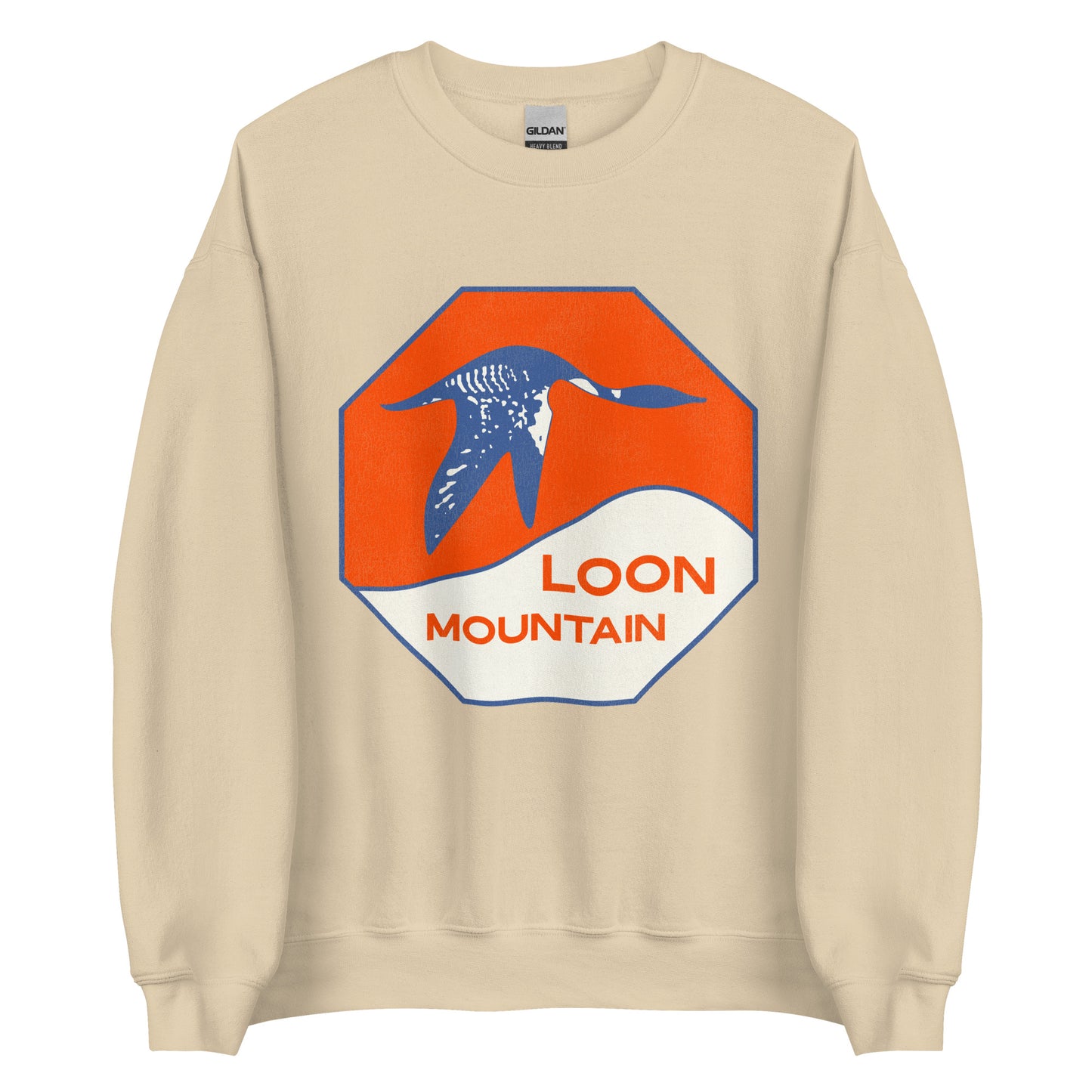A crew neck sand colored retro style sweatshirt from Loon Mountain Resort, New Hampshire, with a loon flying by a snow covered mountain with an orange sunrise. 