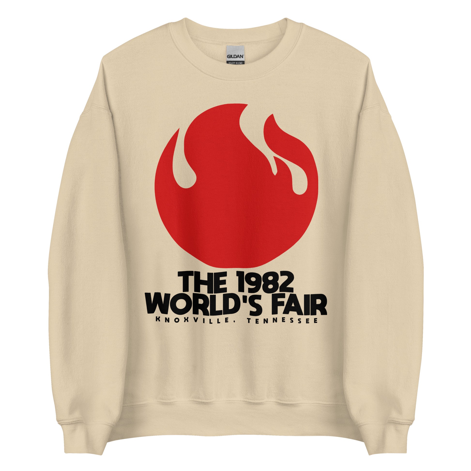 A souvenir crew neck sand colored sweatshirt with a fire flame image that says "The 1982 World's Fair Knoxville, Tennessee". 