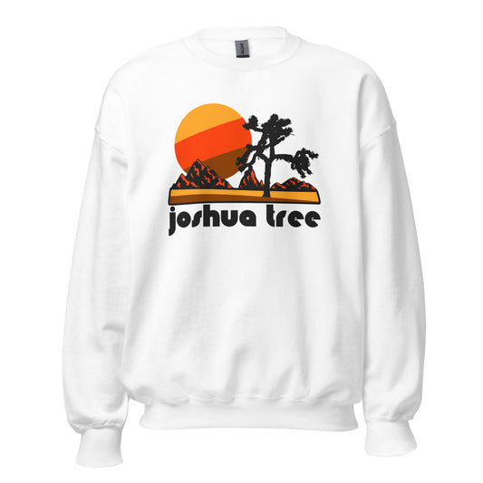 A retro white crew cut swetashirt with the words "Joshua Tree", the national park in CA. Includes an image of a cactus tree, a red mountain landscape, and a red, orange, and brown sun rising. 