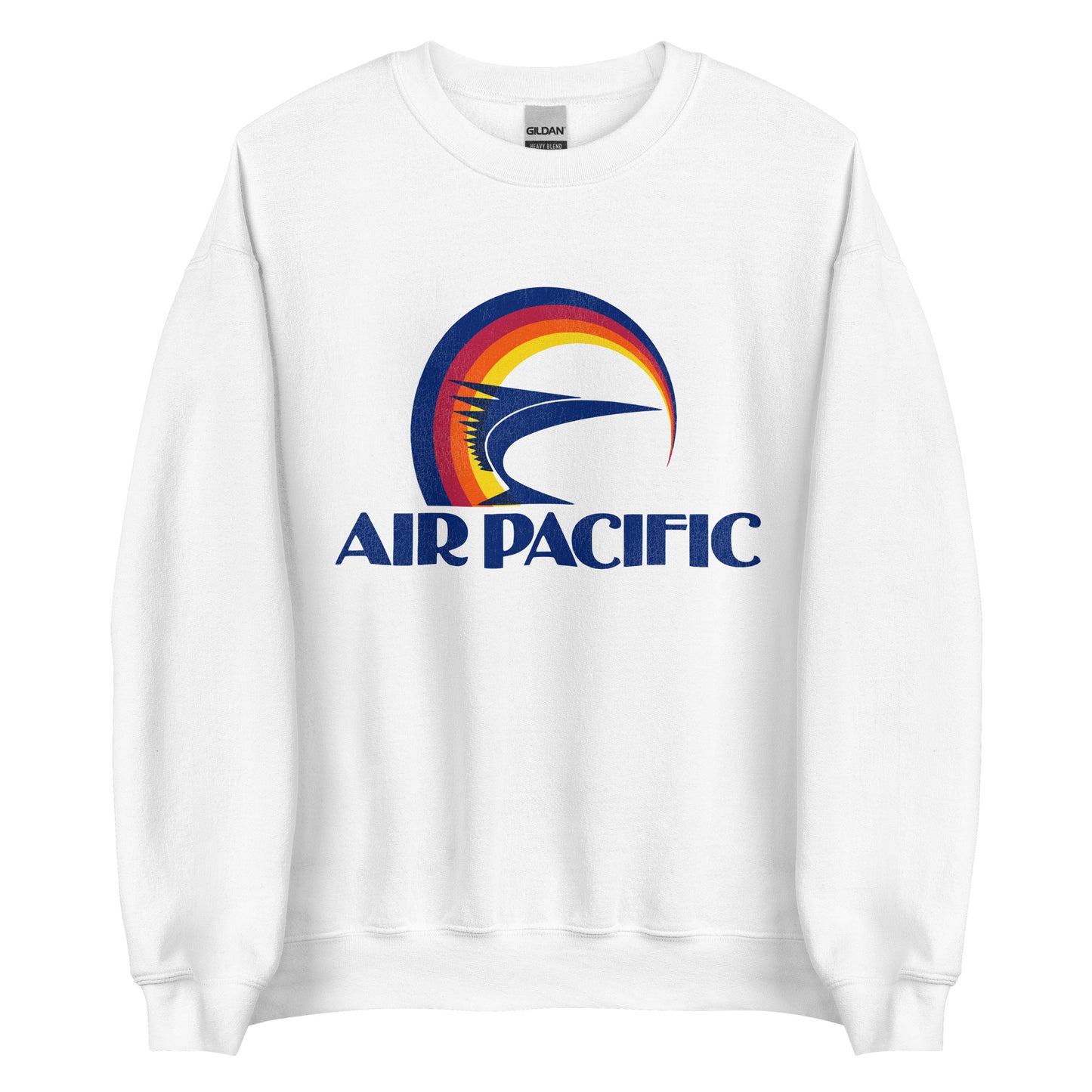 A white vintage style crew neck sweatshirt with the "Air Pacific" logo including circular blue, red, orange, and yellow lines and a navy blue fish. 