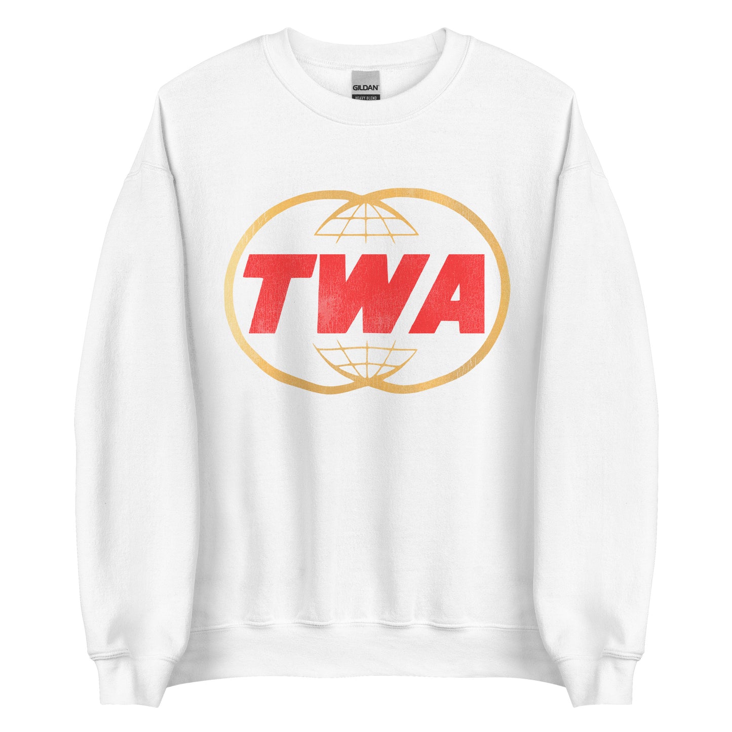 A vintage white crew neck sweatshirt with the TWA logo including two gold circles overlapping, referencing the 1930-2001 airplane company Trans World Airlines. 