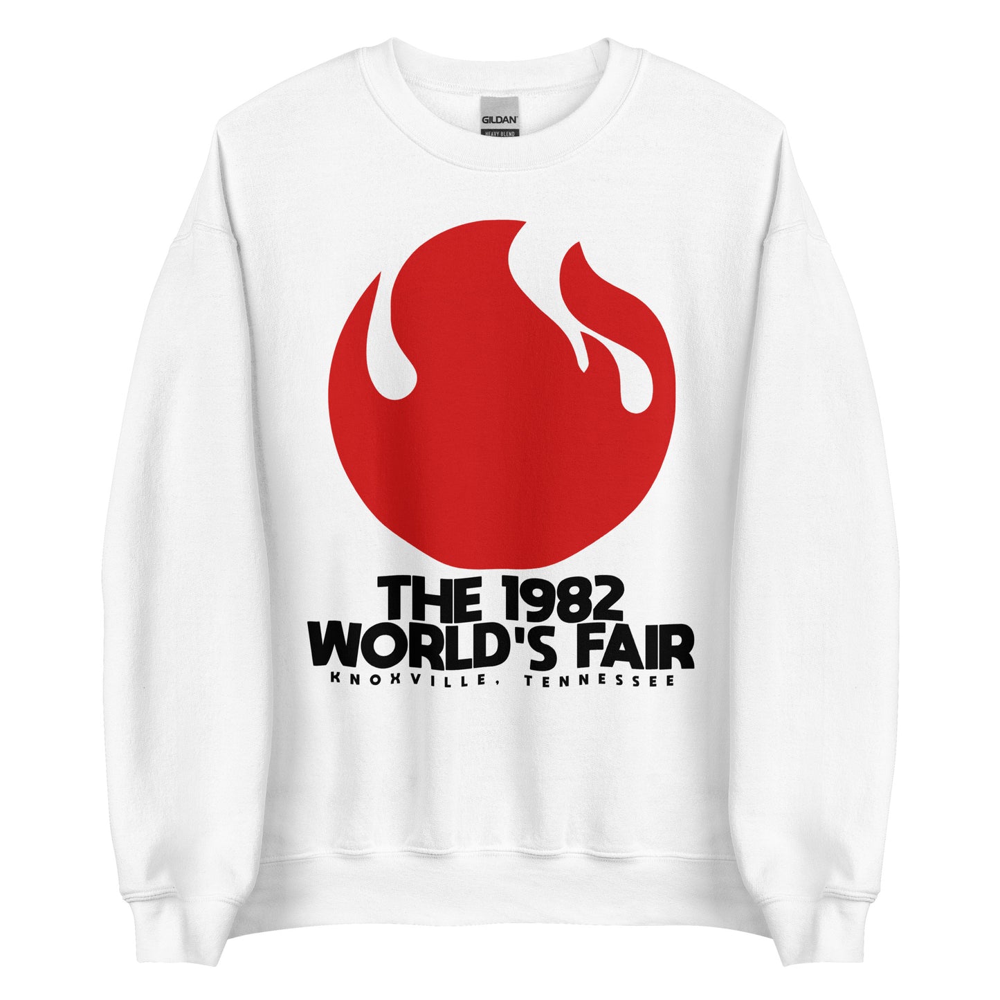 A white unisex vintage crew neck sweatshirt with text "The 1982 World's Fair" in "Knoxville, Tennessee." Has a red flame image representing the theme of "Energy Turns the World." 