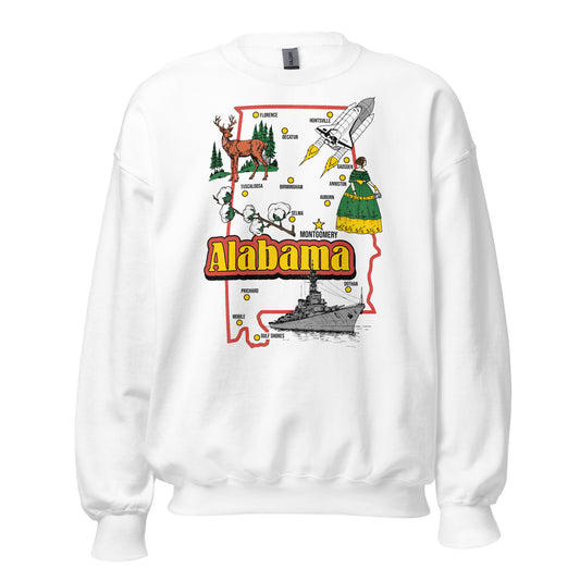 A travel white crew neck sweatshirt of an Alabama map including it's capital Montgomery under a star icon, Florence, Decatur, Tuscaloosa, Huntsville, Birmingham, Auburn, Selma, Anniston, Gadsden, Mobile, Dothan, Gulf Shores, Prichard. There are pictures of a buck deer, green fir forest trees, a rocket ship taking off, a cotton plant, a debutante in a cotillion ballgown, and a gray battleship in the Gulf of Mexico. 