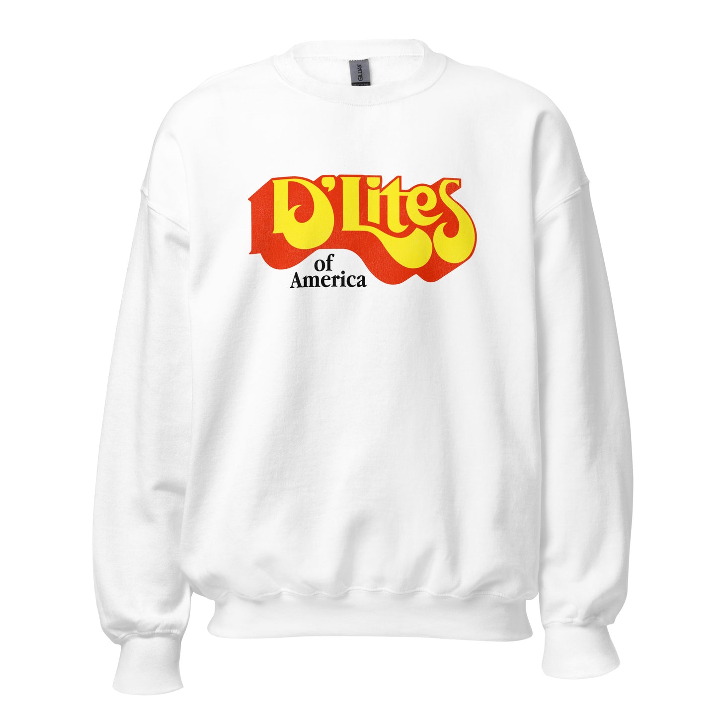A white crew neck sweatshirt that says D'Lites in bold red and yellow text and of America below. 