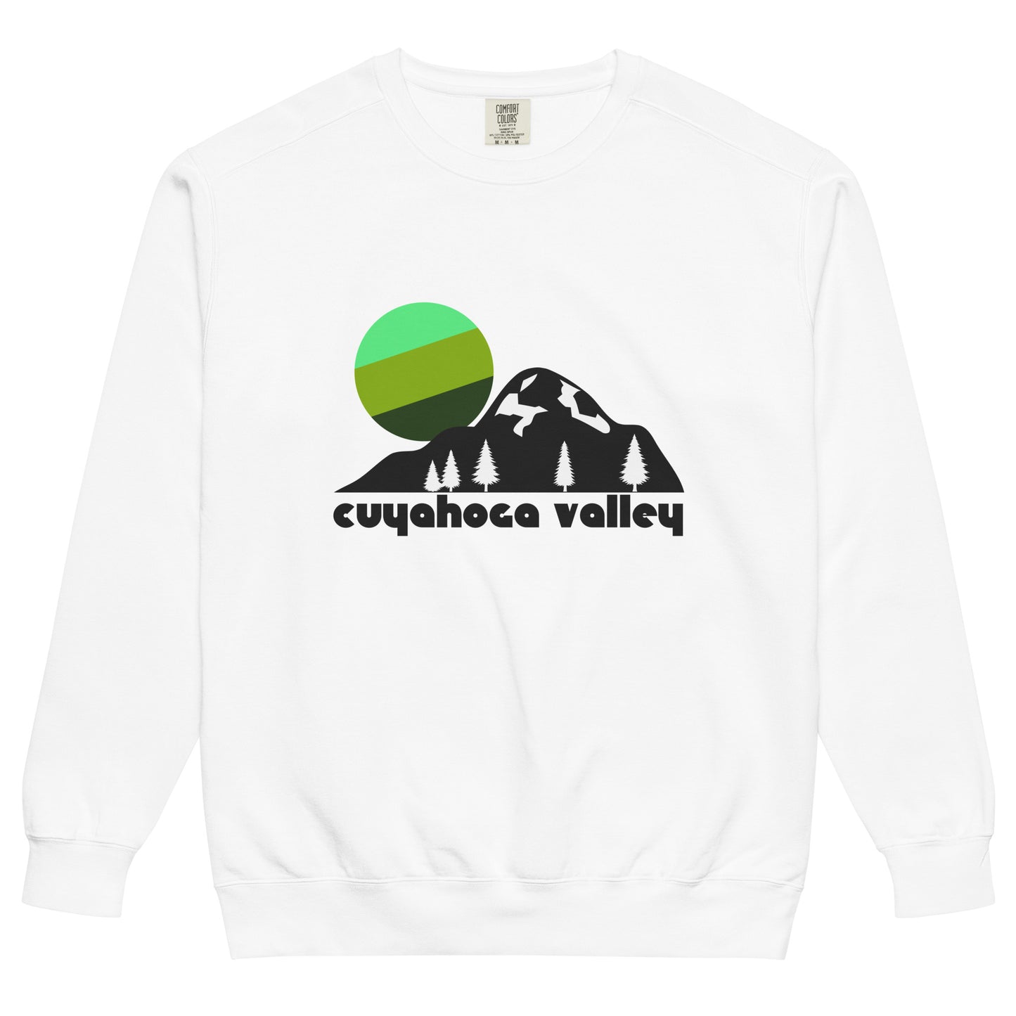 A white colored crew neck souvenir, 80s style sweatshirt that says 'cuyahoga valley' with the image of rolling hills, pine tree forests, and a tricolored sun setting in shades of aesthetic green. References Ohio's Cuyahoga Valley National Park, a conservation area between Akron and Cleveland, with the Towpath Trail following the Ohio & Erie Canal, the Cuyahoga River, the Cuyahoga Valley Scenic Railroad, and stunning hikes and waterfalls. 