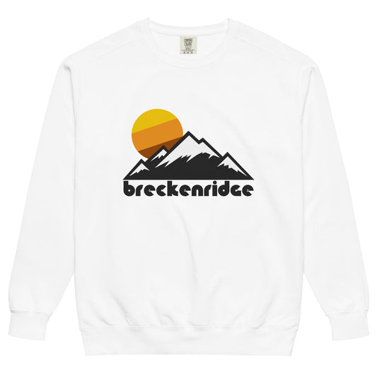 A vintage, 70s style 'breckenridge' crew neck white colored sweatshirt that has a mountainous landscape and sun setting image. References Breckenridge Ski Resort, a world famous and popular destination for skiers, snowboarders, and hikers when its warm, with trails on Breck's Five Peaks in the Tenmile Range, a part of the greater Rocky Mountains. 