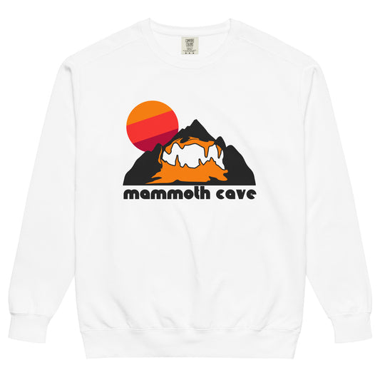 A souvenir, vintage crew neck sweatshirt in the color white that says "mammoth cave" with a picture of a cave system deep in an orange and black mountain under a rising warm toned sun. References Kentucky's famous Mammoth Cave National Park, known around the world for having the longest cave system on Earth, visited by almost two million tourists every year. 