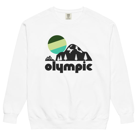 A souvenir, tourist white Olympic National Park crew neck sweatshirt that reads "olympic" under a mountain and forest landscape image with a colorful sun setting in forest green, lime green, and turquoise blue colors. The national park in Washington State is famous for hikers and skiers and is known for rainforests, the Olympic Mountains, and hikes on the beaches on the Pacific. 