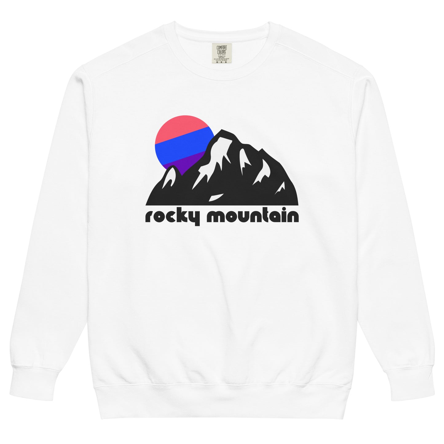 A vintage, tourist Rocky Mountain National Park white crew neck sweatshirt with the image of a large mountain with multiple peaks, crags, and crevices, snow on its side, as a large circular pink, blue, and purple sun sets in the distance. References Colorado's Rocky Mountain National Park, famous for its tall elevation, its many 14,000+ foot mountains, and incredible hiking and skiing trails, as well as picturesque tourist towns. 