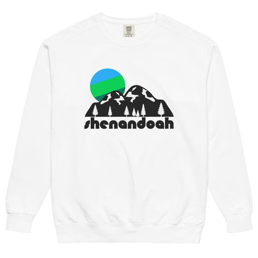 A vintage shenandoah white crew neck sweatshirt with the image of mountains and pine trees under a green and blue sun. References Virginia's Shenandoah National Park in the Blue Ridge Mountains, including hiking trails like the Appalachian Trial, Big Meadows where many tourists will go birding, and Old Rag Mountain. 