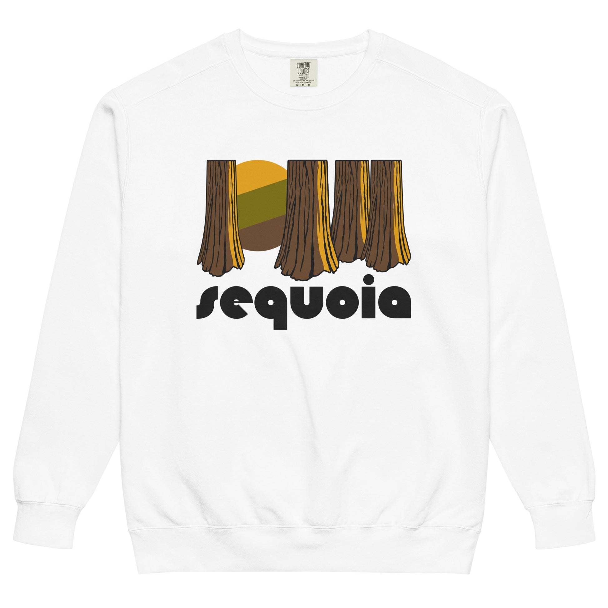 An 80s style white crew neck sweatshirt that says "sequoia", referencing Sequoia National Park in the Sierra Nevadas in California, and an image of multiple trees, referencing the Giant Forest. 