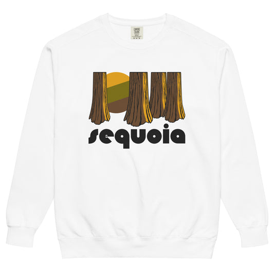 An 80s style white crew neck sweatshirt that says "sequoia", referencing Sequoia National Park in the Sierra Nevadas in California, and an image of multiple trees, referencing the Giant Forest. 