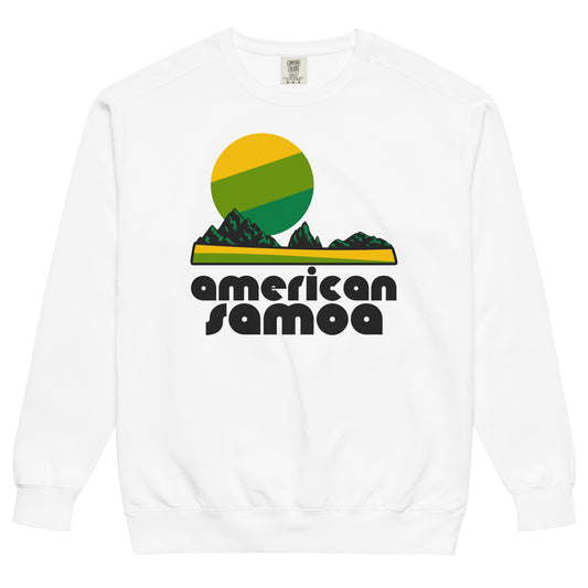 A vintage, souvenir American Samoa crew neck white sweatshirt with the image of a yellow and green beach landscape with rainforest covered mountains under a green and yellow striped sun. References the US Territory in the Pacific Ocean and American Samoa National Park, including stunning coral reefs perfect for scuba diving and snorkeling for tourists. 