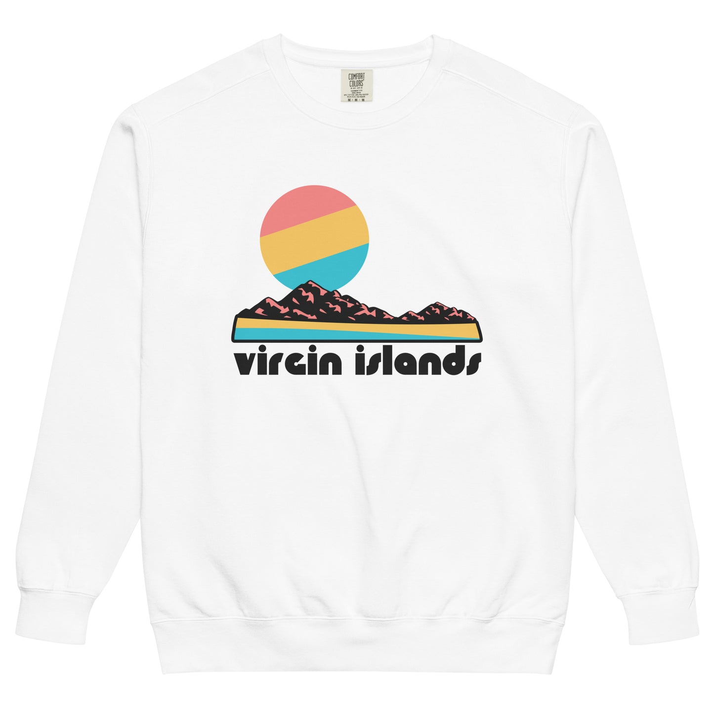 A white Virgin Islands National Park 80s style souvenir crew neck sweatshirt. Includes the image of a sun setting above a rocky landscape, referencing Bordeaux Mountain, and a beach next to the ocean, referencing Trunk Bay and Cinnamon Bay Beaches. The national park takes up 60% of Saint John Island and includes plantation ruins, coral reefs, and hiking trails. 