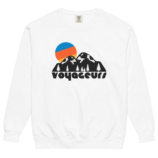 A white colored Voyageurs crew neck retro souvenir sweatshirt with a picturesque hill covered landscape complete with evergreen trees and a setting colorful sun. References Minnesota's Voyageurs National Park, named after French-Canadian explorers and fur traders, and famous for its immense water resources and stunning views of the Northern Lights. 