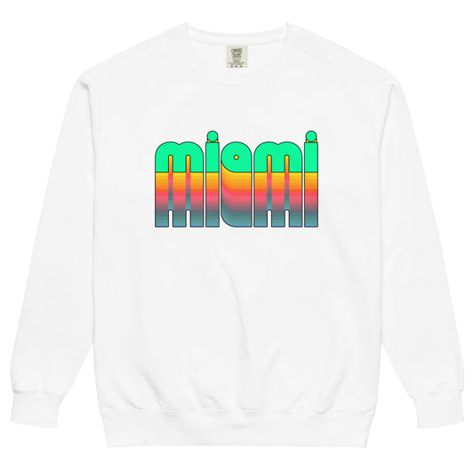 An 80s style vintage Miami, Florida crew neck sweatshirt that says Miami in lime green bubble letters, reflected into many other colors below. 