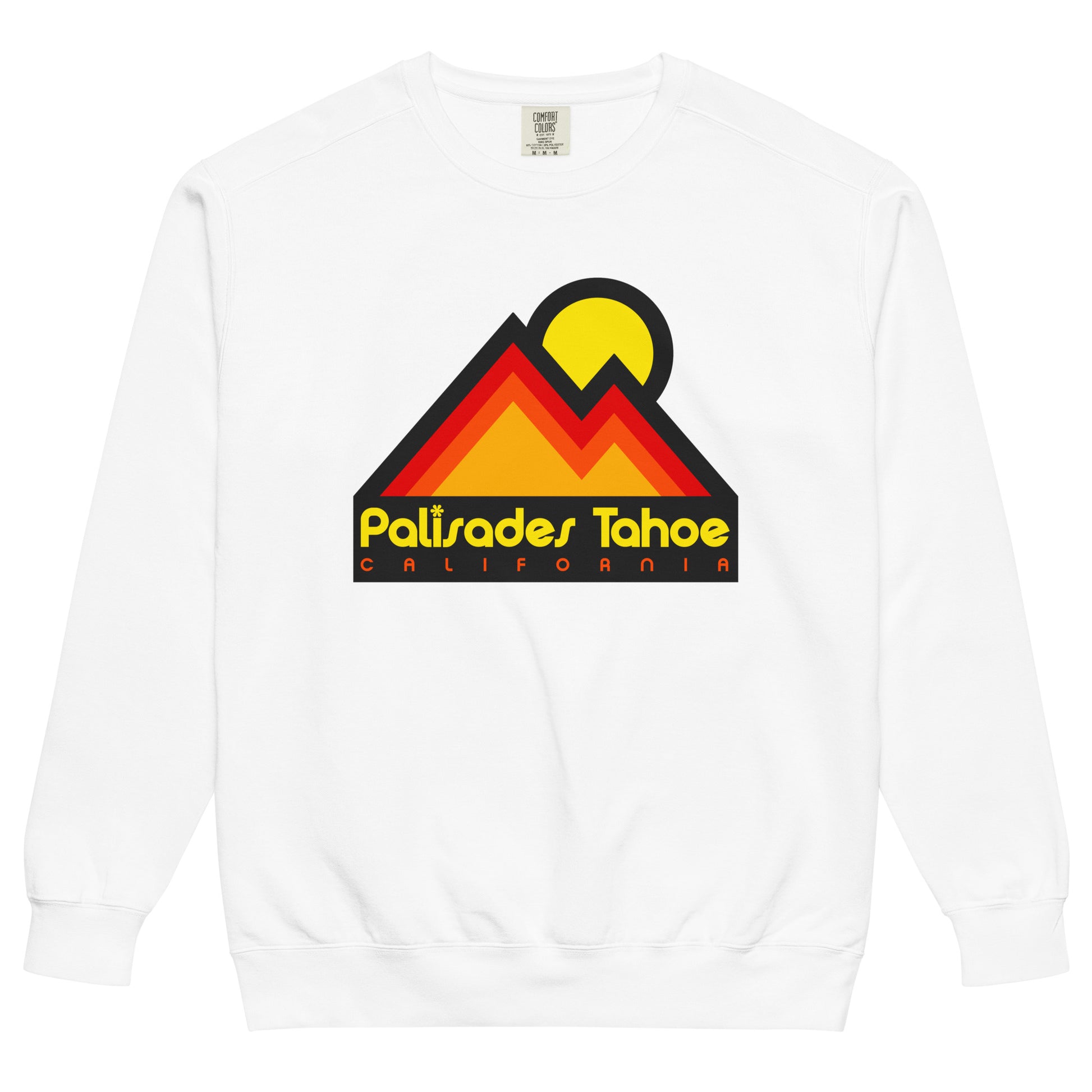 A white crew cut 70s style Palisades Tahoe sweatshirt for tourists. Images of a California mountain range under a rising sun. Sweatshirt references the Palisades Tahoe ski resort, located in the Sierra Nevadas, known for its Olympic heritage, snowfall, and challenging ski and snowboarding slopes. 