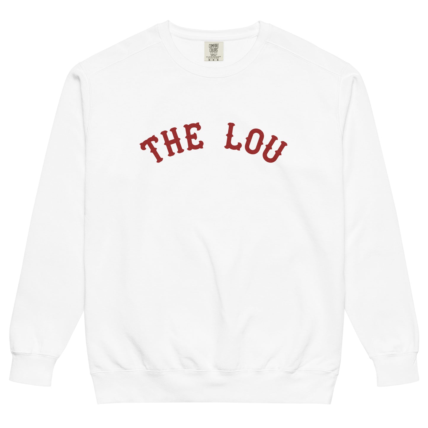 A white crew neck hoodie for tourists that says "The Lou" in red, referring to the city in Ohio and the MLB team the St. Louis Cardinals. 