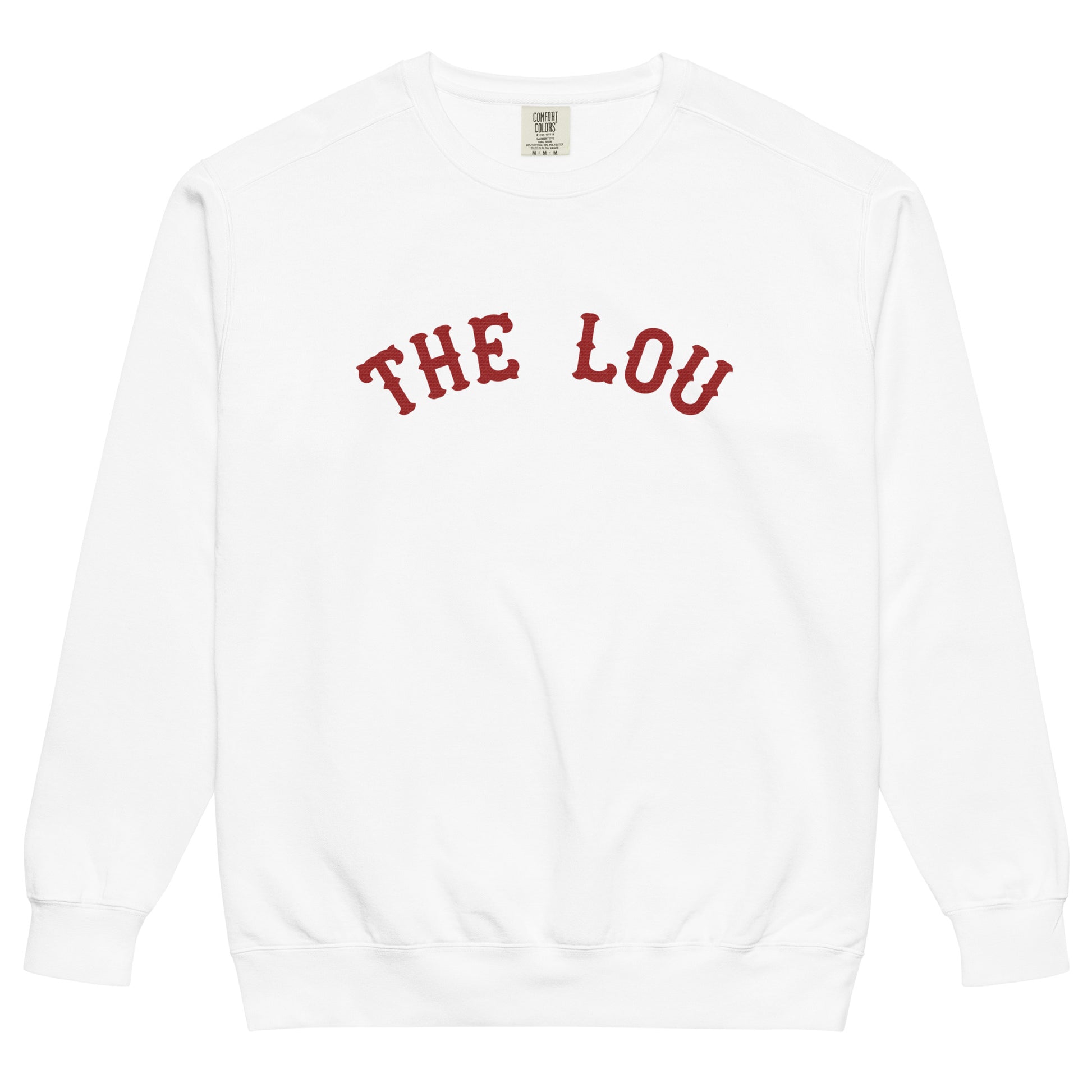 A white crew neck hoodie for tourists that says "The Lou" in red, referring to the city in Ohio and the MLB team the St. Louis Cardinals. 