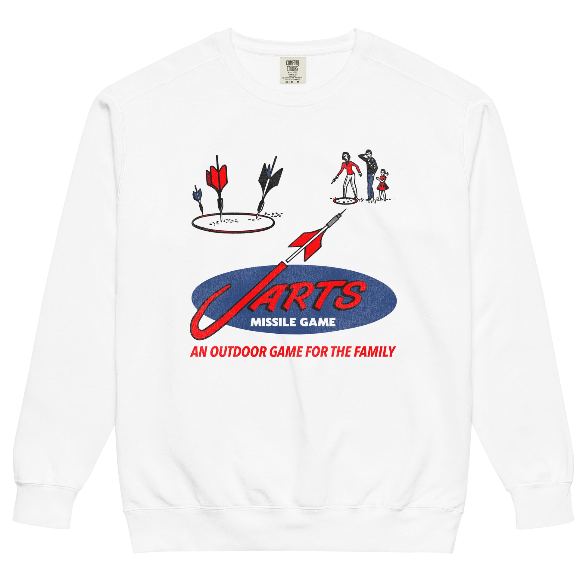 A retro 70s style white crew neck sweatshirt for the J Arts Missile Game. Says "An outdoor game for the family" with the image of a wife, husband, and child throwing weight red, black, and blue javelin darts across the lawn. 
