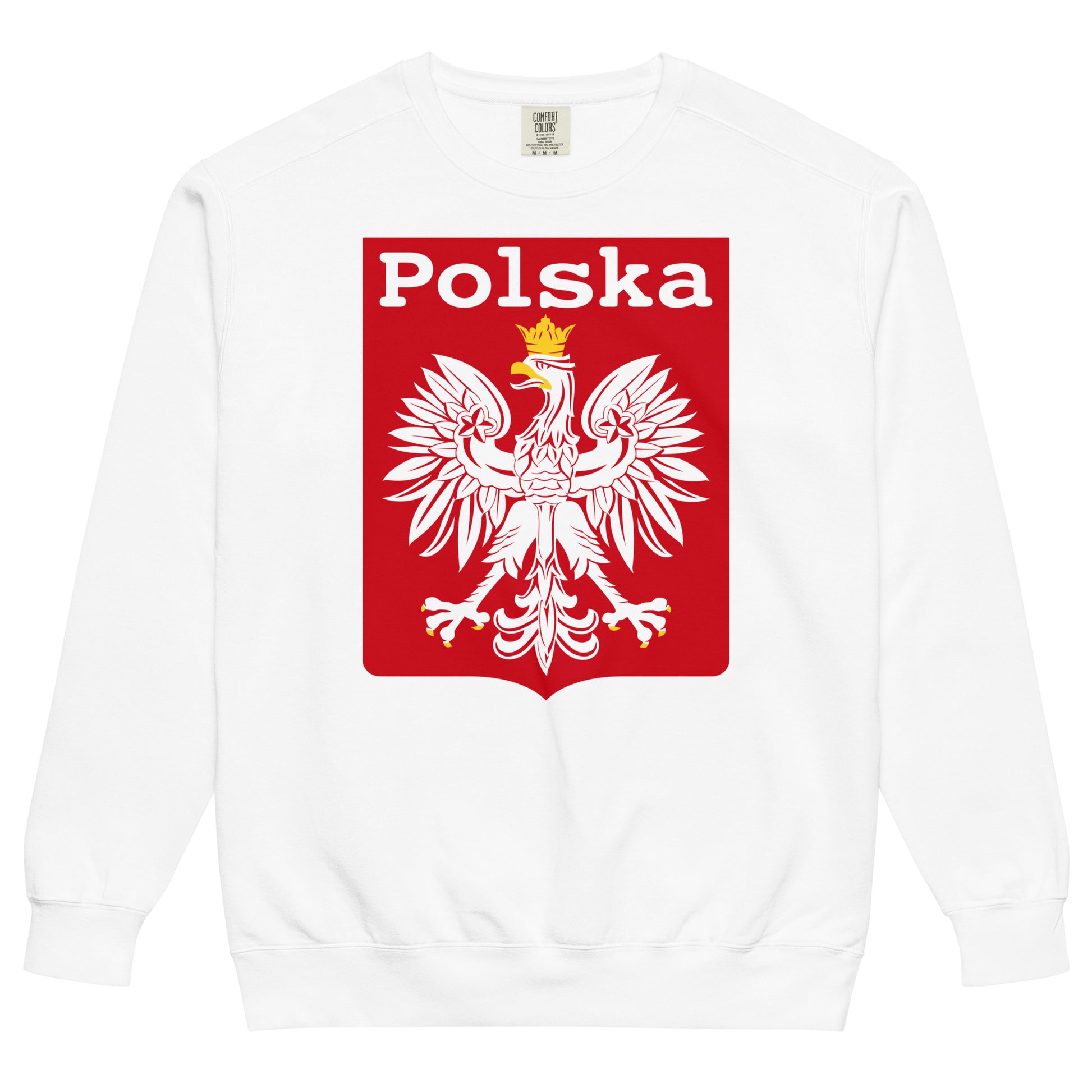 A vintage white crew neck sweatshirt for tourists with a red shield that says Polska and a white eagle with a yellow crown, the Polish national coat of arms. 