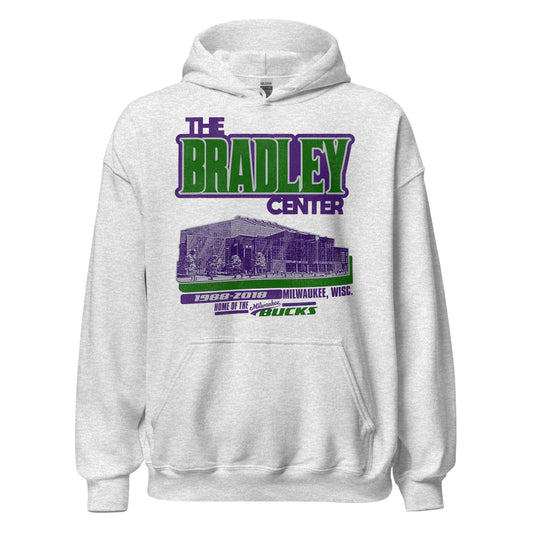 A 70s style ash gray hoodie sweatshirt which says "The Bradley Center", the famous basketball stadium, in green and purple, the colors of the Bucks from Milwaukee, Wisc. Says "Home of the Milwaukee Bucks" from "1988-2018". 